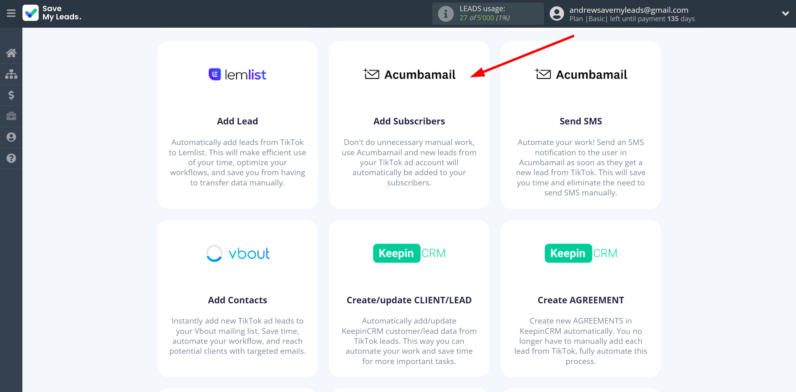How to Connect TikTok with Acumbamail Add Subscribers | Data Destination system selection How to Connect TikTok with Acumbamail Add Subscribers | Data Destination system selection