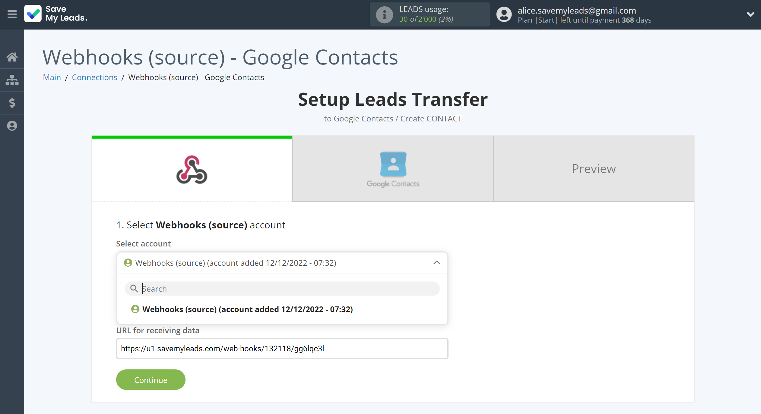How to Connect Webhooks with Google Contacts | Data Source account selection How to Connect Webhooks with Google Contacts | Data Source account selection