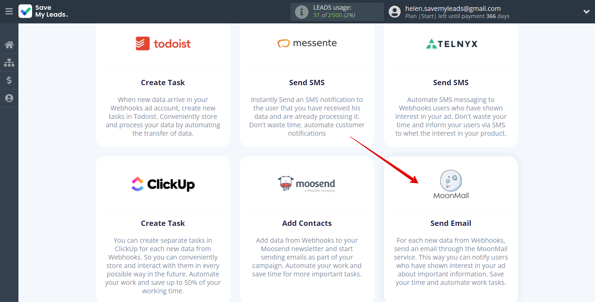 How to Connect Webhooks with MoonMail | Data Destination system selection How to Connect Webhooks with MoonMail | Data Destination system selection