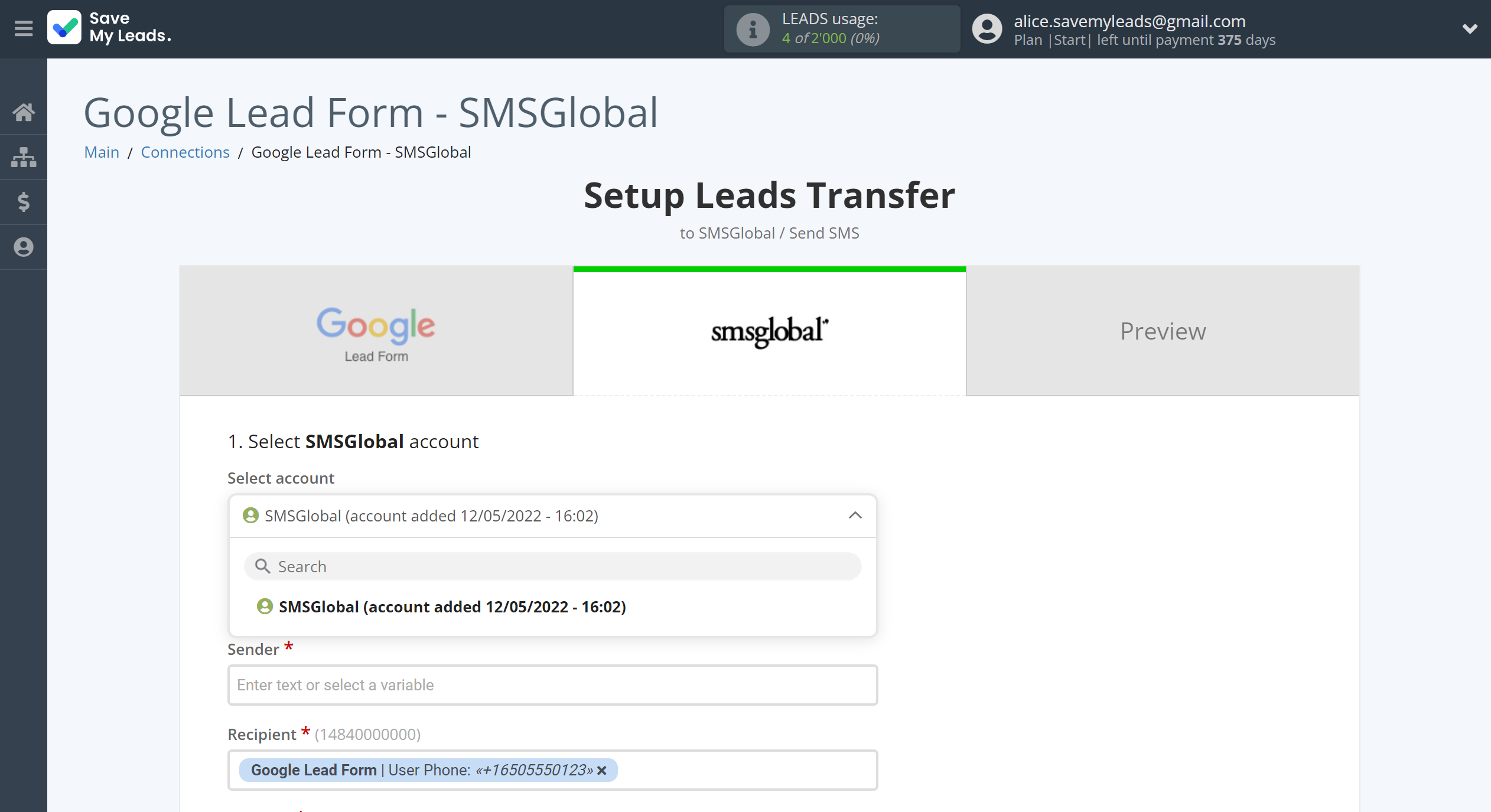 How to Connect Google Lead Form with SMSGlobal | Data Destination account selection How to Connect Google Lead Form with SMSGlobal | Data Destination account selection
