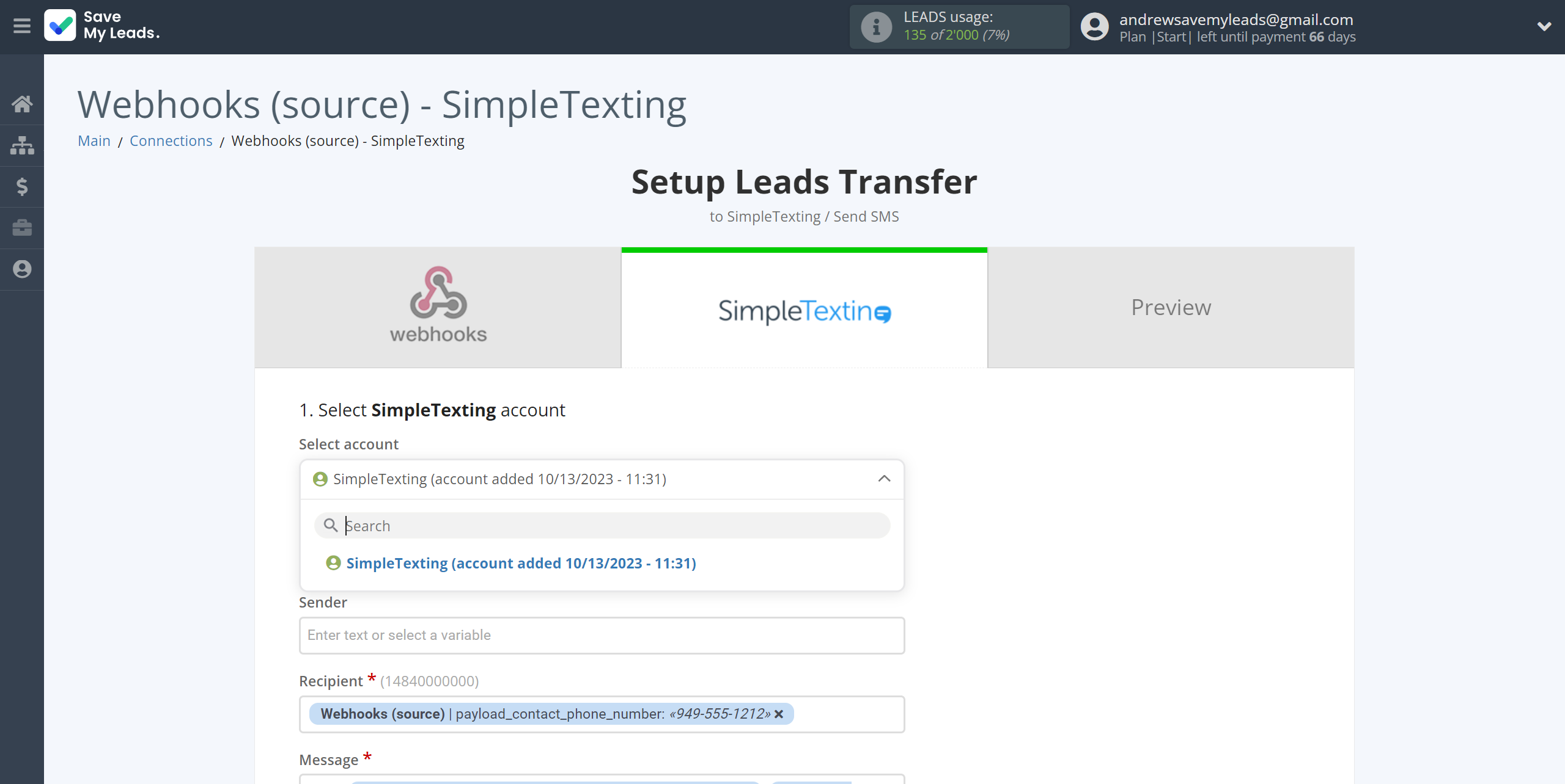 How to Connect Webhooks with SimpleTexting | Data Destination account selection How to Connect Webhooks with SimpleTexting | Data Destination account selection