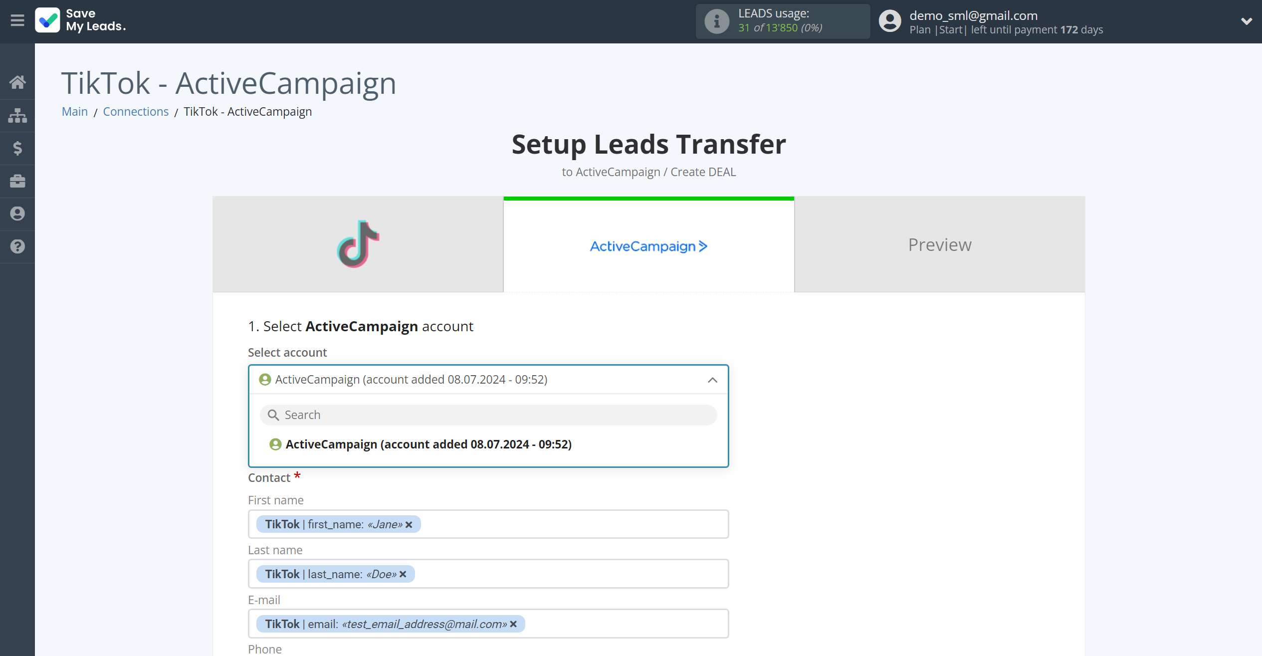 How to Connect TikTok with ActiveCampaign Create Deal | Data Destination account selection How to Connect TikTok with ActiveCampaign Create Deal | Data Destination account selection