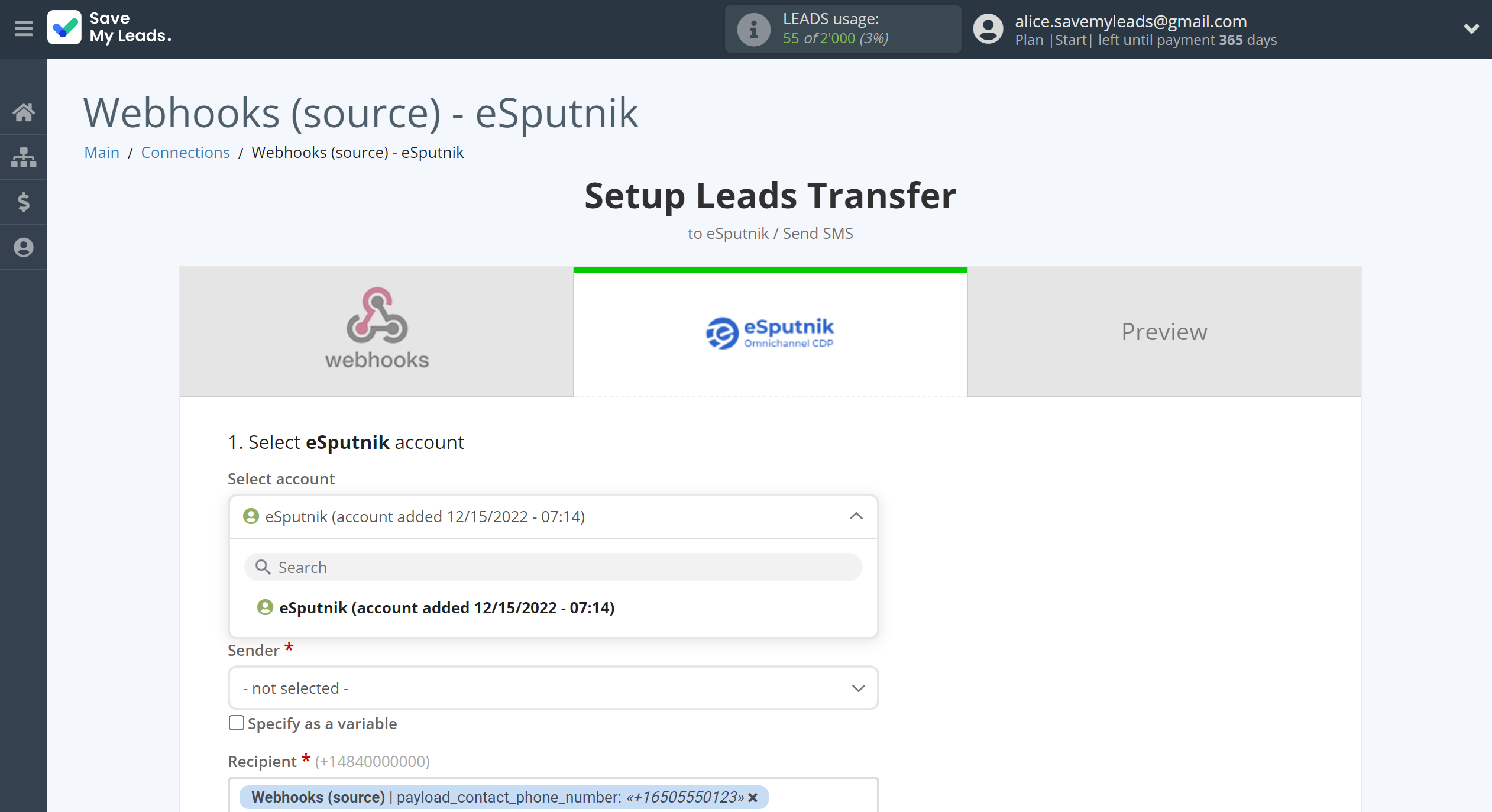 How to Connect Webhooks with eSputnik Send SMS | Data Destination account selection How to Connect Webhooks with eSputnik Send SMS | Data Destination account selection