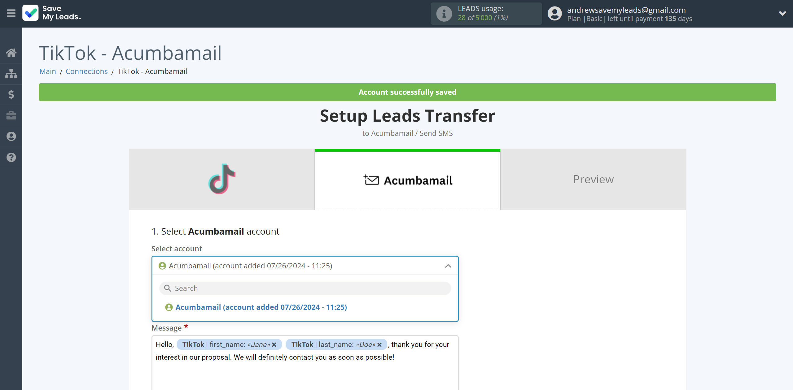 How to Connect TikTok with Acumbamail Send SMS | Data Destination account selection How to Connect TikTok with Acumbamail Send SMS | Data Destination account selection