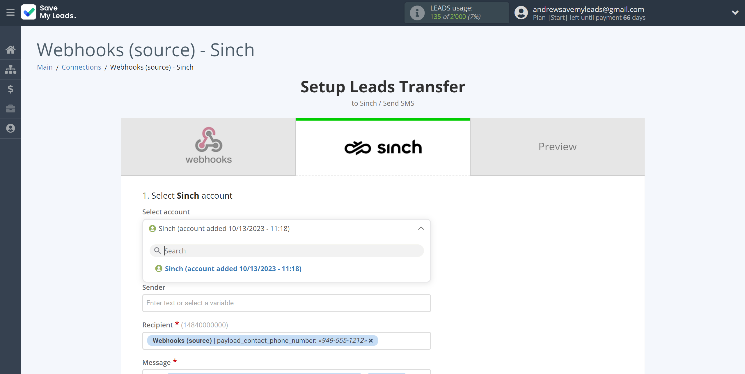 How to Connect Webhooks with Sinch | Data Destination account selection How to Connect Webhooks with Sinch | Data Destination account selection