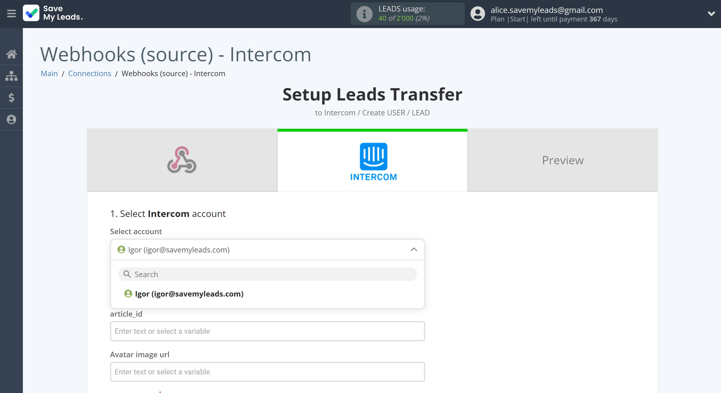 How to Connect Webhooks with Intercom | Data Destination account selection How to Connect Webhooks with Intercom | Data Destination account selection