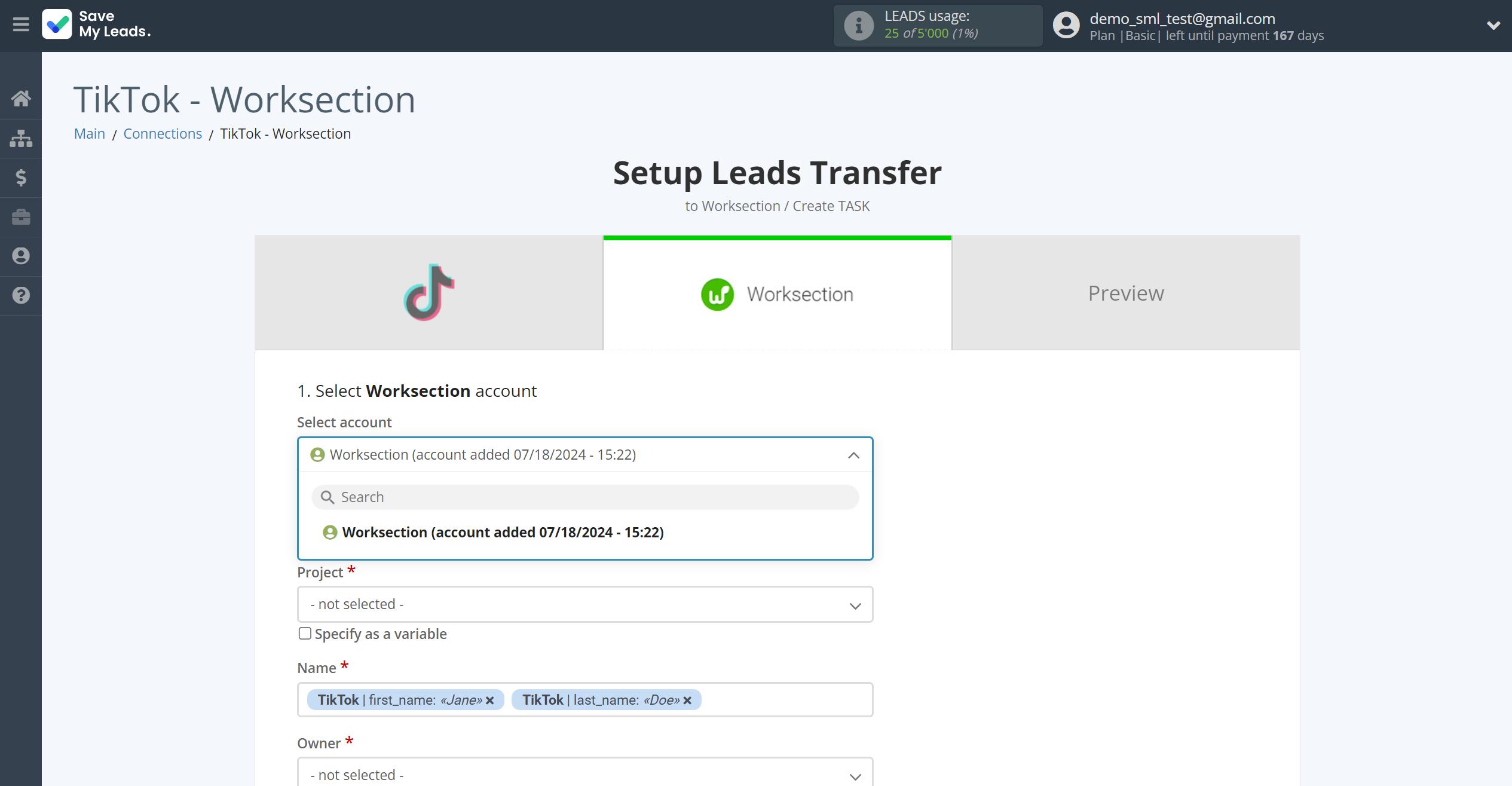 How to Connect TikTok with Worksection | Data Destination account selection How to Connect TikTok with Worksection | Data Destination account selection