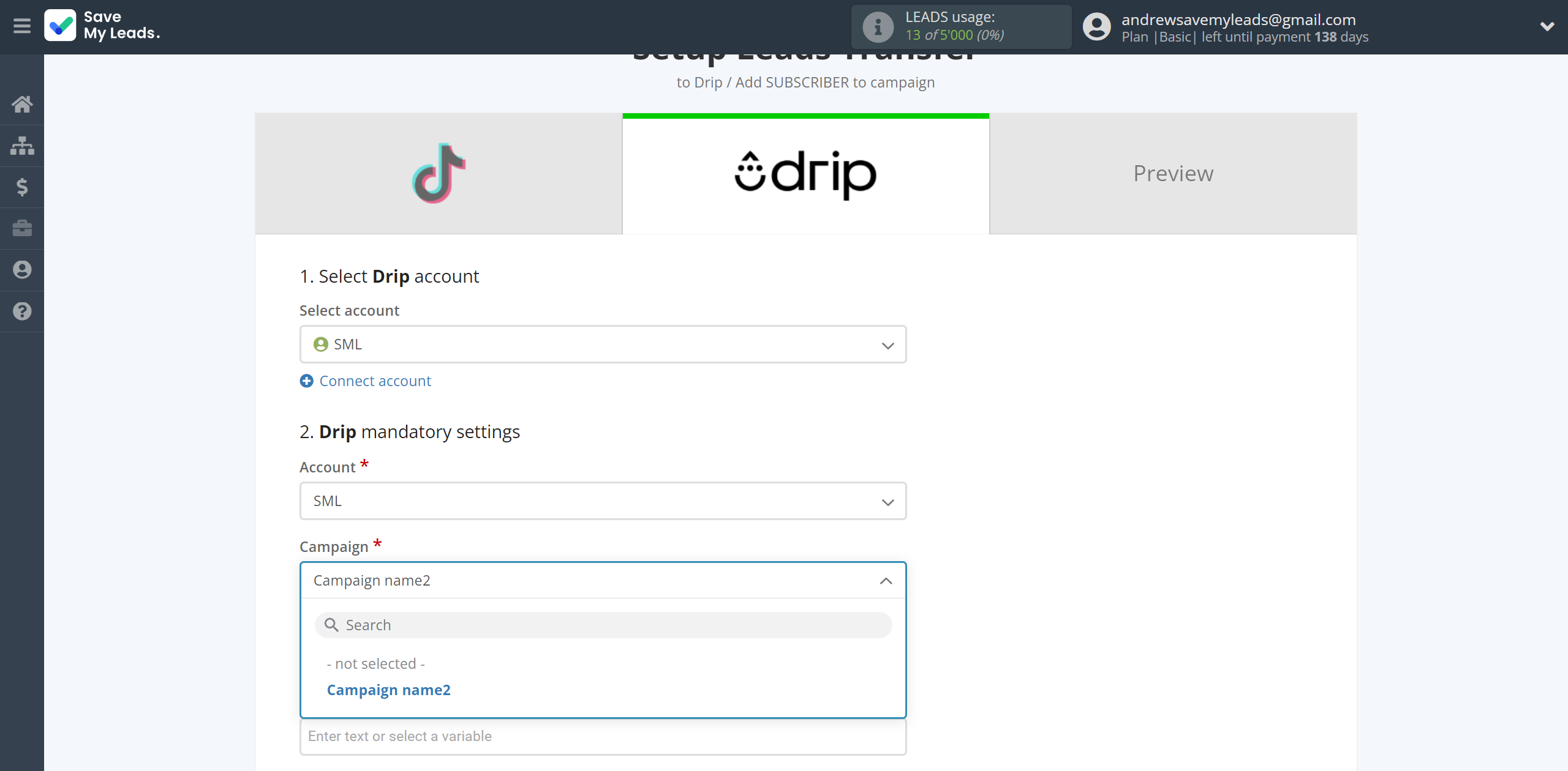 How to Connect TikTok with Drip Add Subscribers to campaign | Assigning fields How to Connect TikTok with Drip Add Subscribers to campaign | Assigning fields