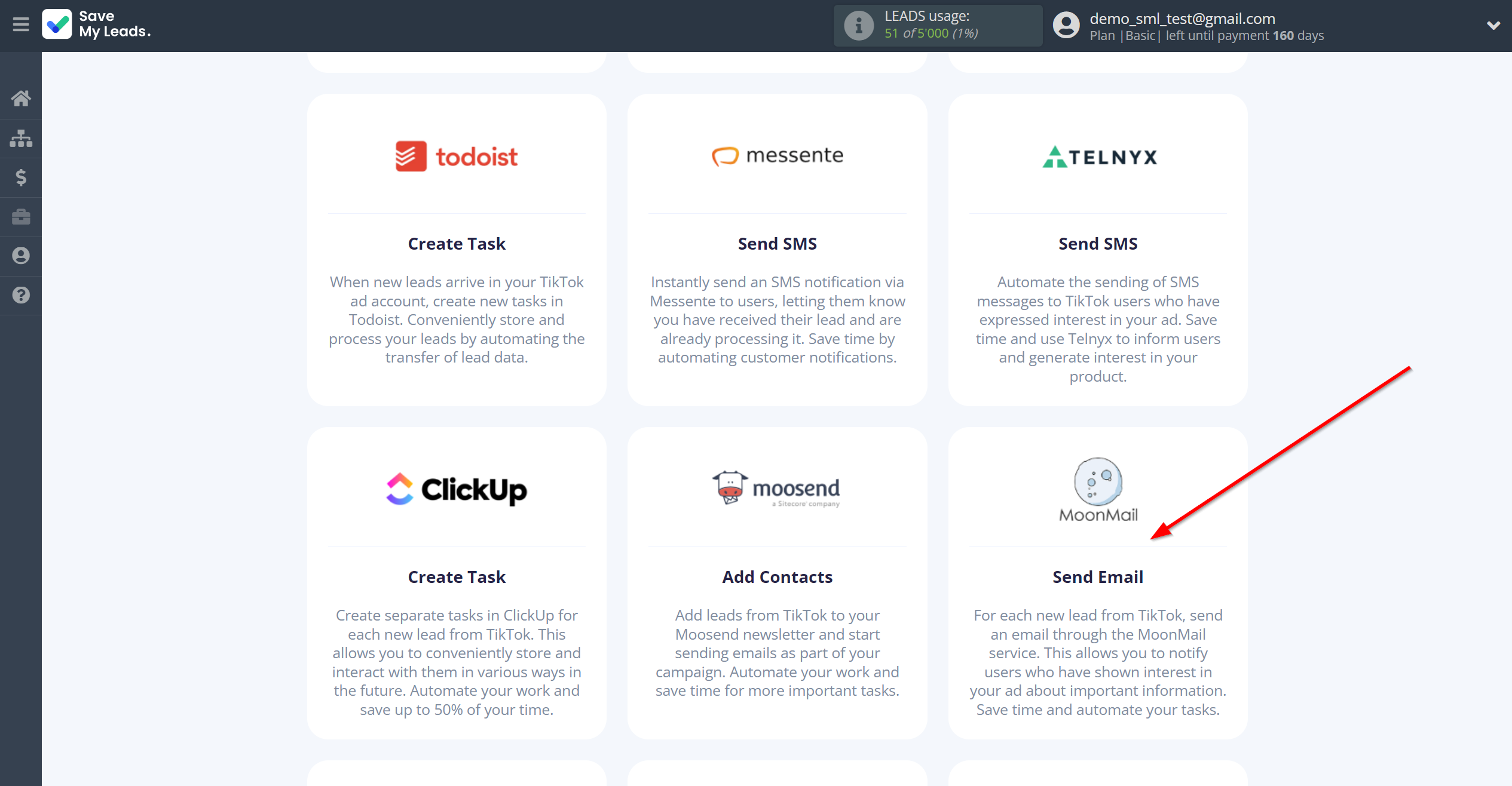 How to Connect TikTok with MoonMail | Data Destination system selection How to Connect TikTok with MoonMail | Data Destination system selection