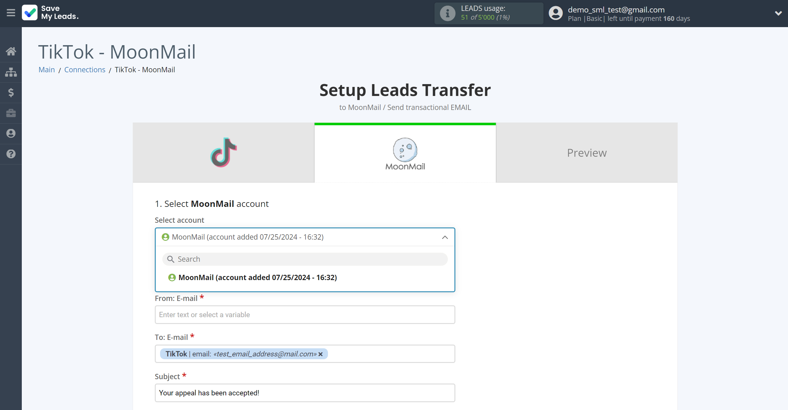 How to Connect TikTok with MoonMail | Data Destination account selection How to Connect TikTok with MoonMail | Data Destination account selection