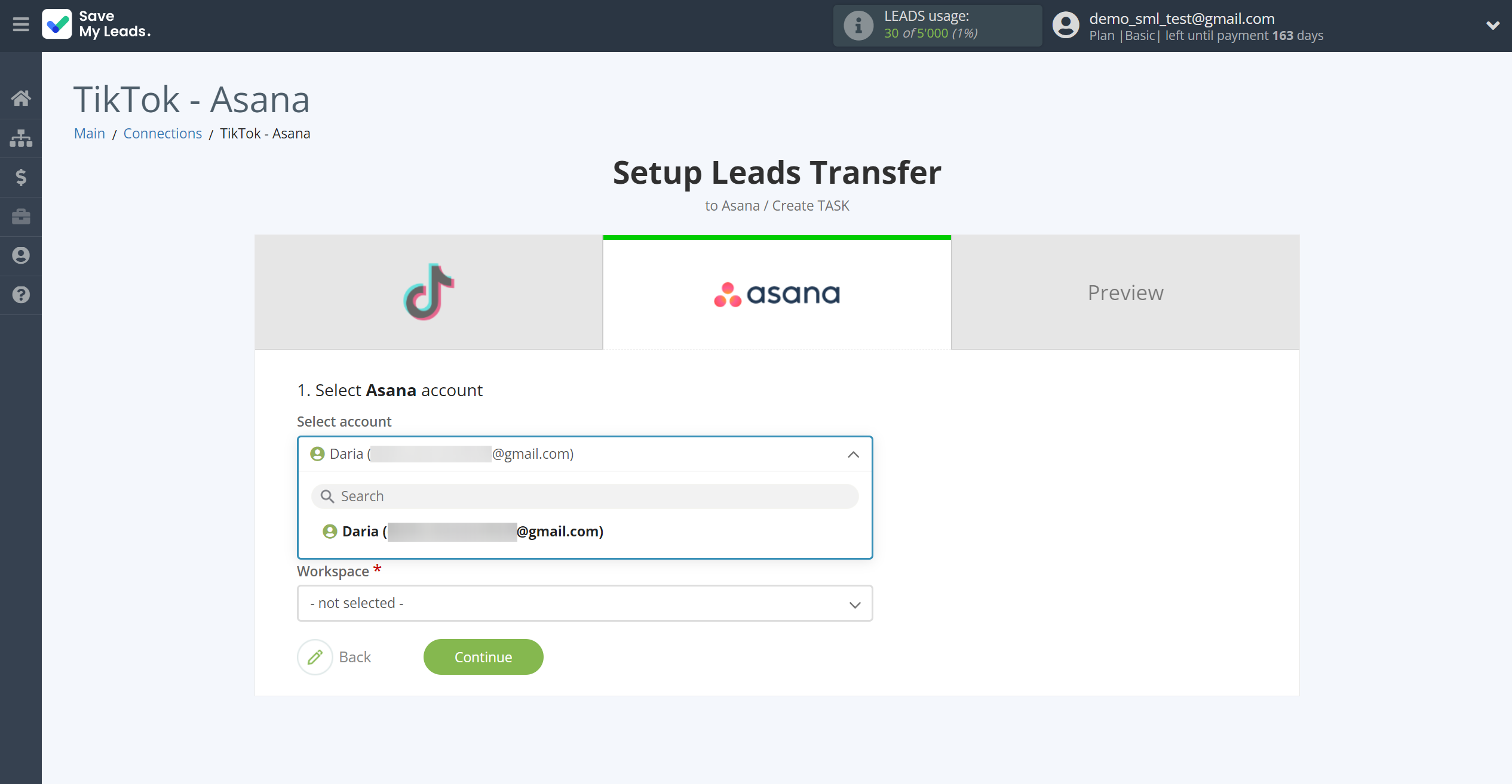 How to Connect TikTok with Asana | Data Destination account selection How to Connect TikTok with Asana | Data Destination account selection