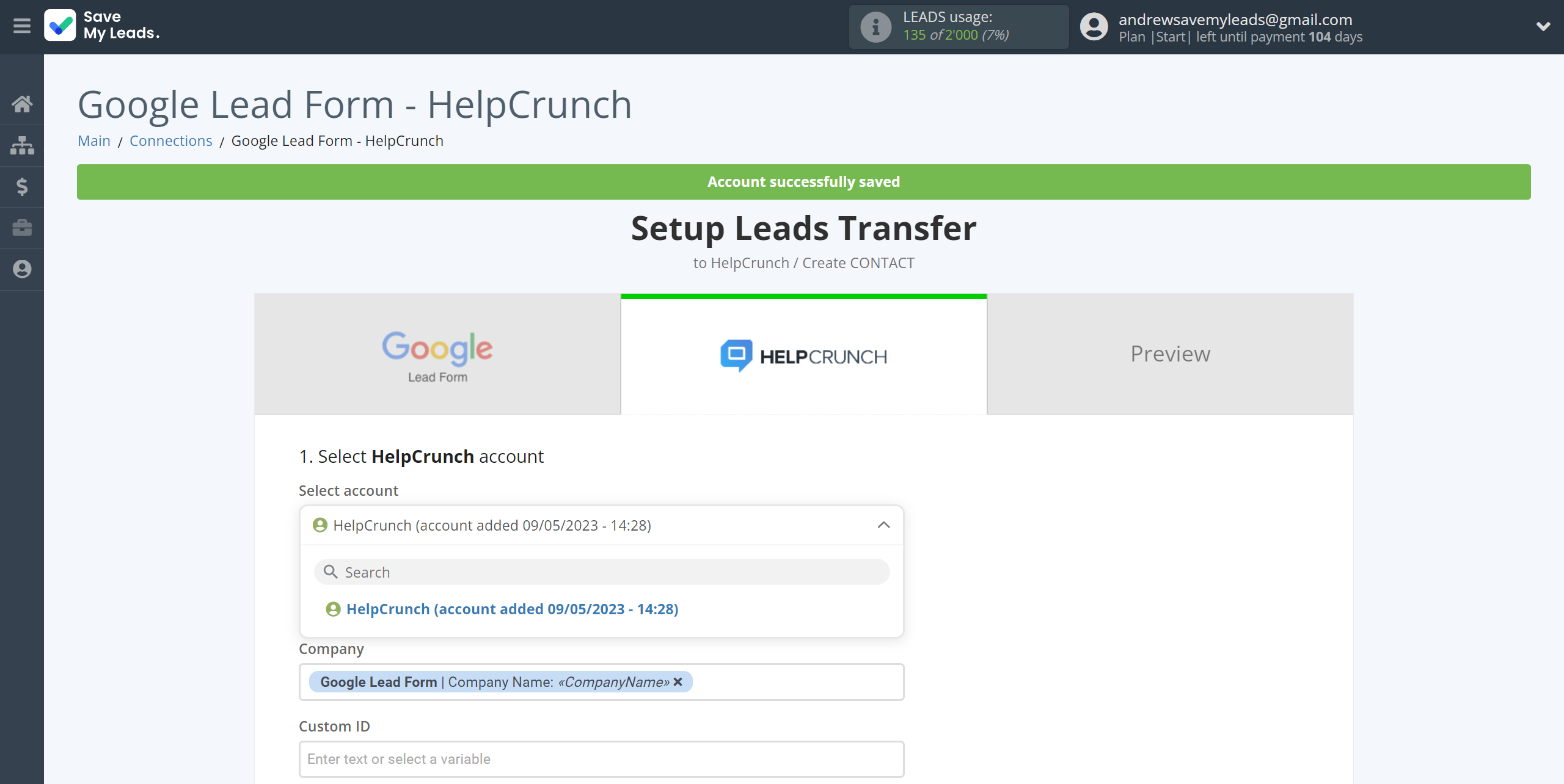 How to Connect Google Lead Form with HelpCrunch Create Contacts | Data Destination account selection How to Connect Google Lead Form with HelpCrunch Create Contacts | Data Destination account selection