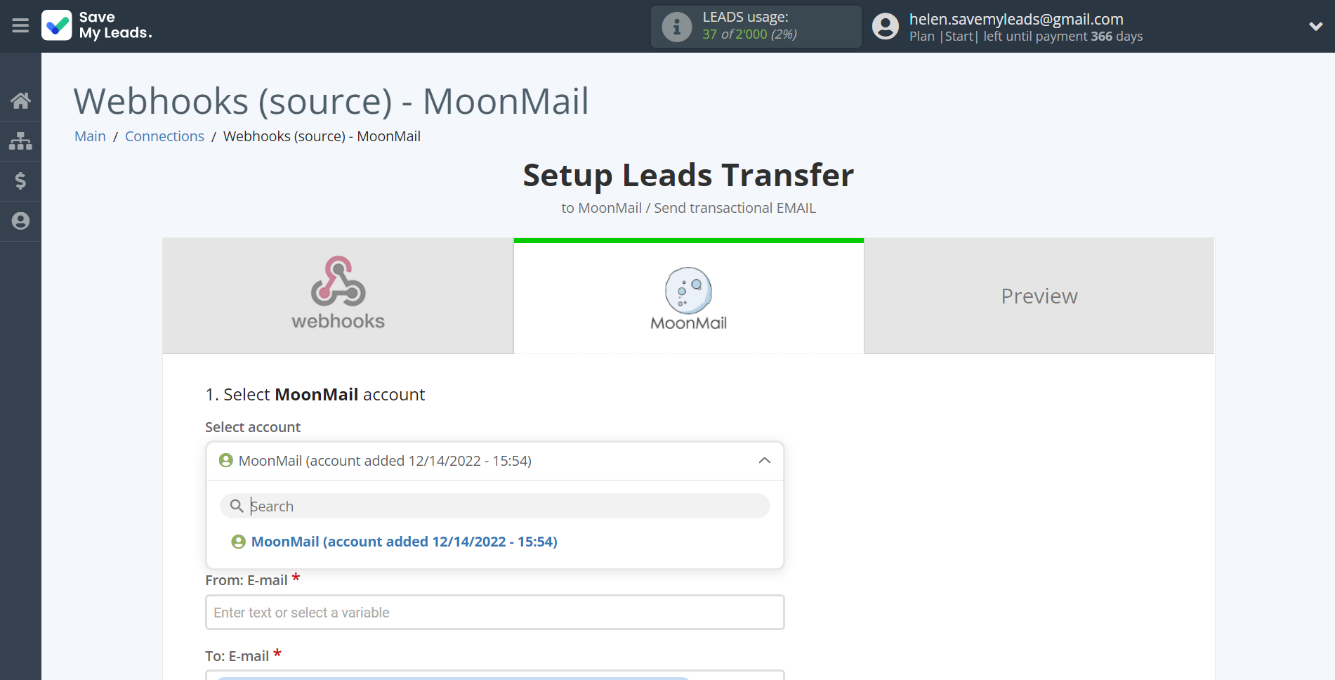 How to Connect Webhooks with MoonMail | Data Destination account selection How to Connect Webhooks with MoonMail | Data Destination account selection