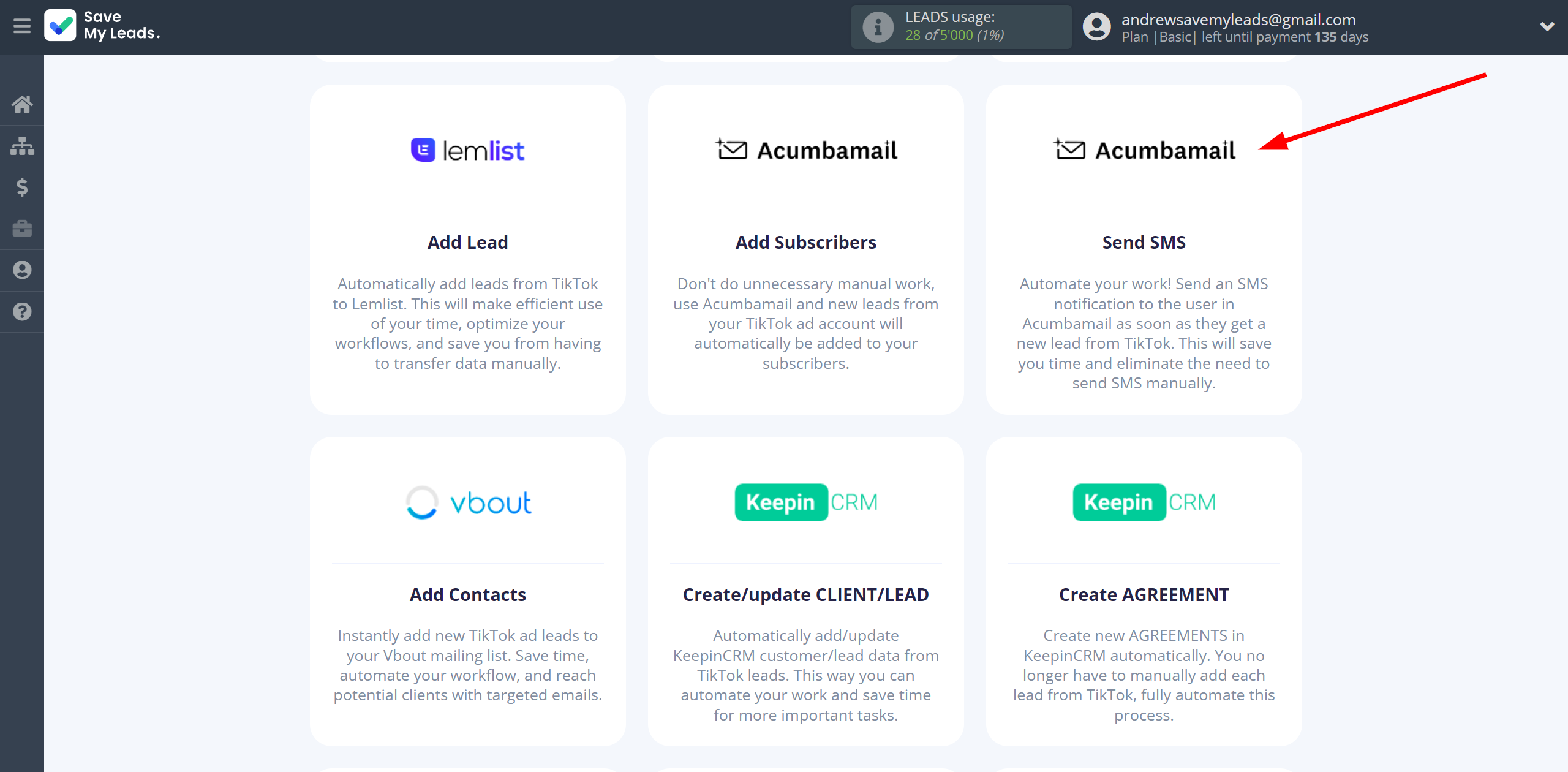 How to Connect TikTok with Acumbamail Send SMS | Data Destination system selection How to Connect TikTok with Acumbamail Send SMS | Data Destination system selection