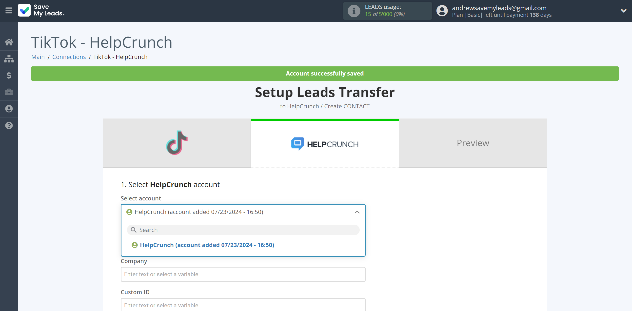 How to Connect TikTok with HelpCrunch Create Contacts | Data Destination account selection How to Connect TikTok with HelpCrunch Create Contacts | Data Destination account selection