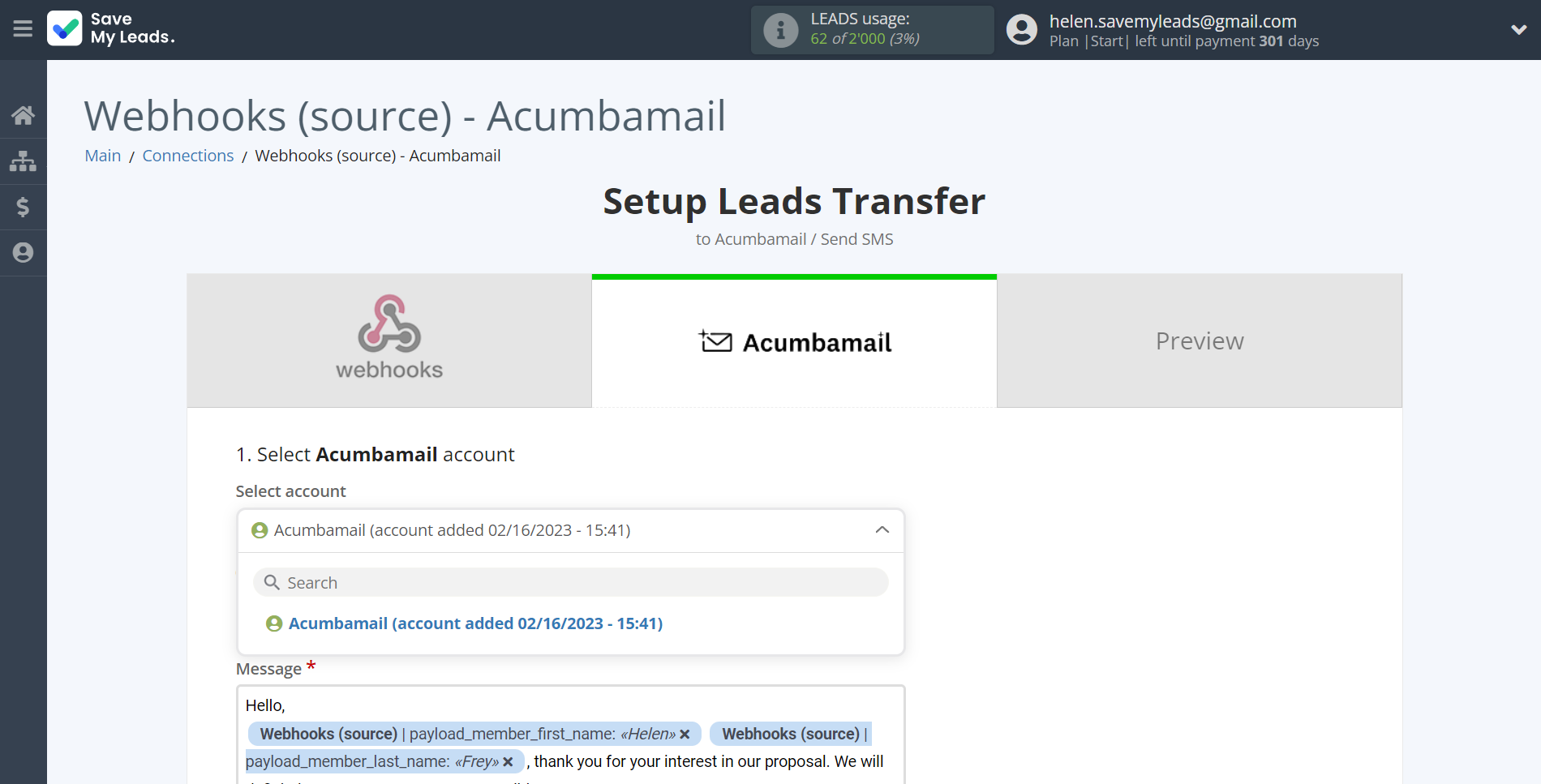 How to Connect Webhooks with Acumbamail Send SMS | Data Destination account selection How to Connect Webhooks with Acumbamail Send SMS | Data Destination account selection
