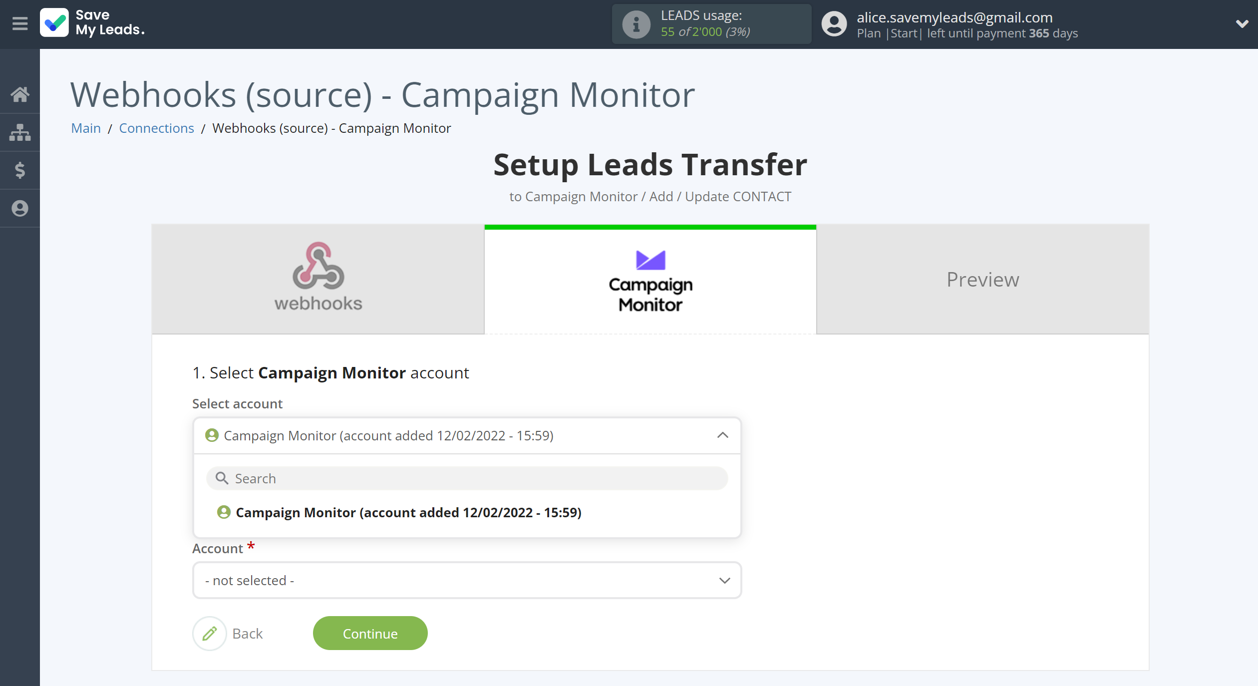 How to Connect Webhooks with Campaign Monitor | Data Destination account selection How to Connect Webhooks with Campaign Monitor | Data Destination account selection