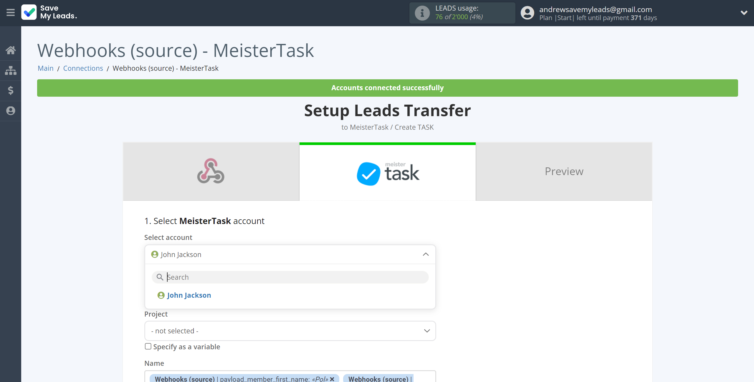 How to Connect Webhooks with MeisterTask | Data Destination account selection How to Connect Webhooks with MeisterTask | Data Destination account selection