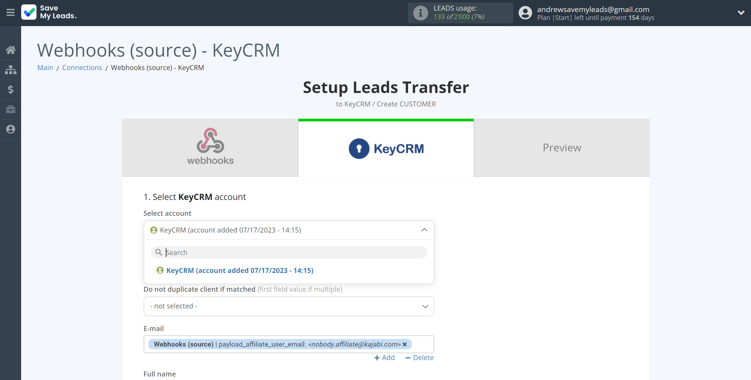 How to Connect Webhooks with KeyCRM Create Customer | Data Destination account selection How to Connect Webhooks with KeyCRM Create Customer | Data Destination account selection