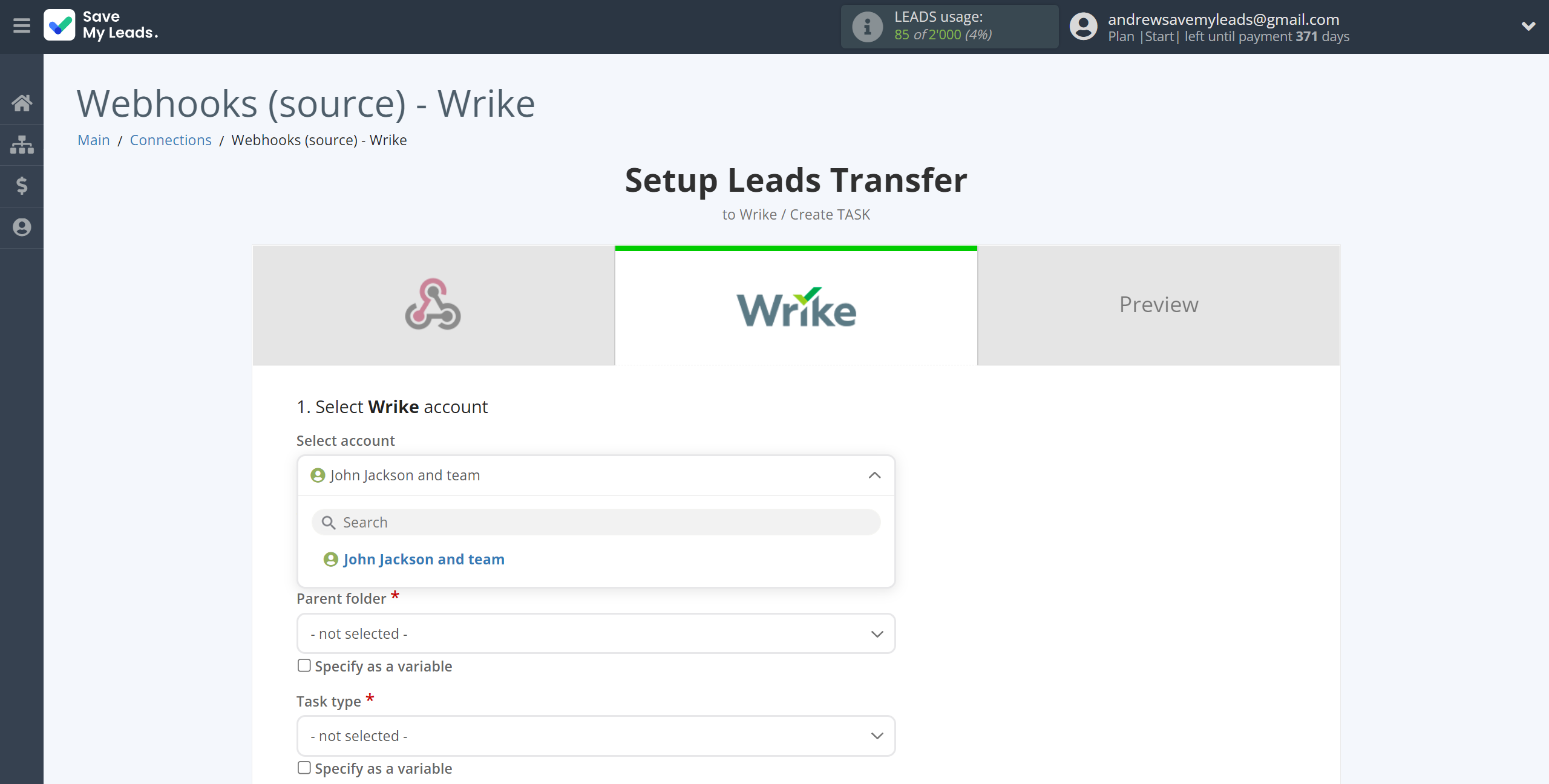 How to Connect Webhooks with Wrike | Data Destination account selection How to Connect Webhooks with Wrike | Data Destination account selection