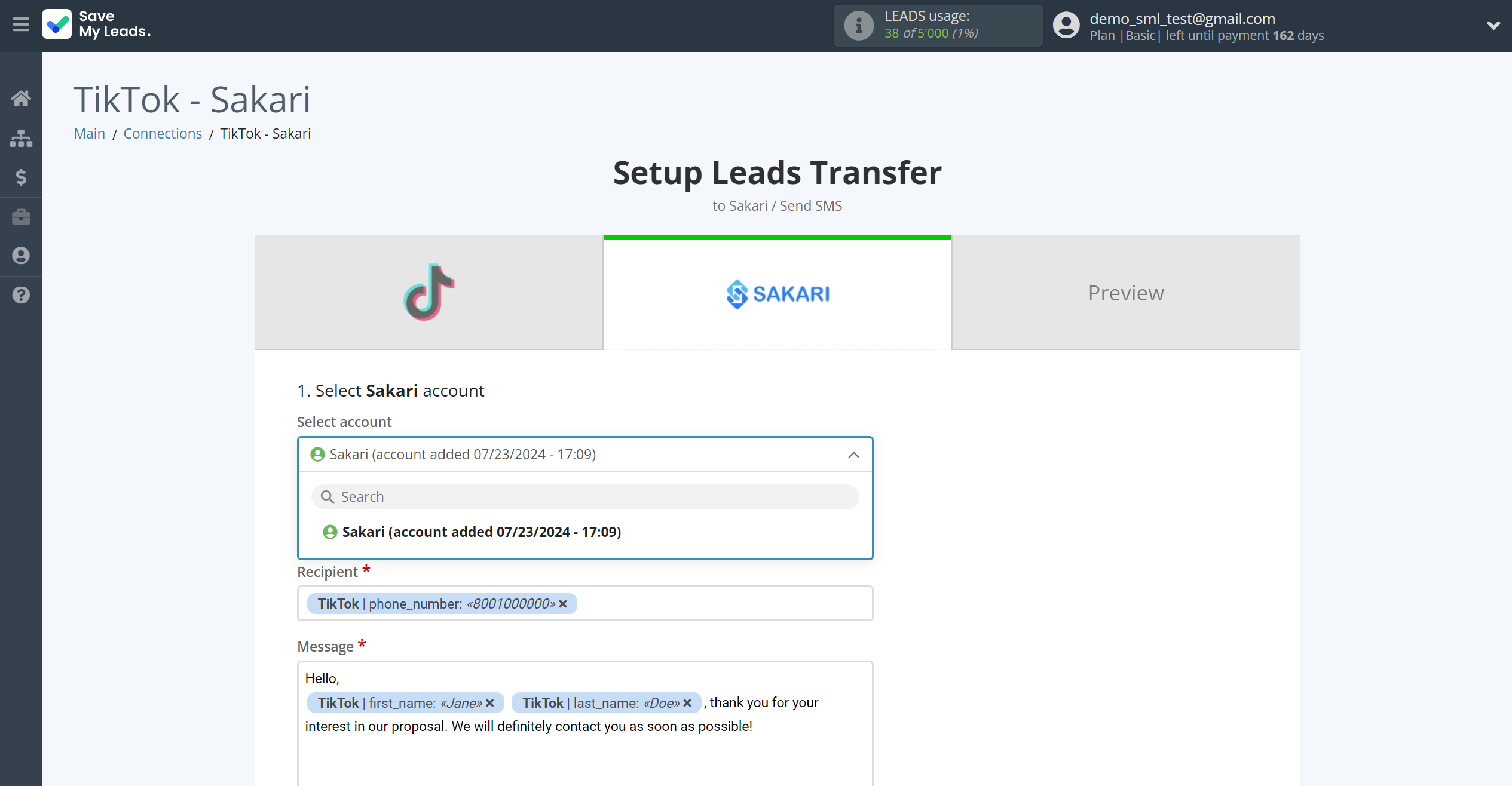 How to Connect TikTok with Sakari | Data Destination account selection How to Connect TikTok with Sakari | Data Destination account selection