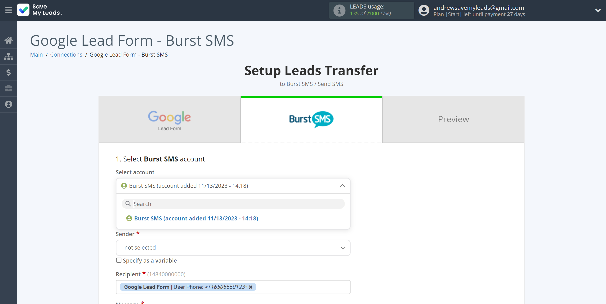 How to Connect Google Lead Form with Burst SMS | Data Destination account selection How to Connect Google Lead Form with Burst SMS | Data Destination account selection