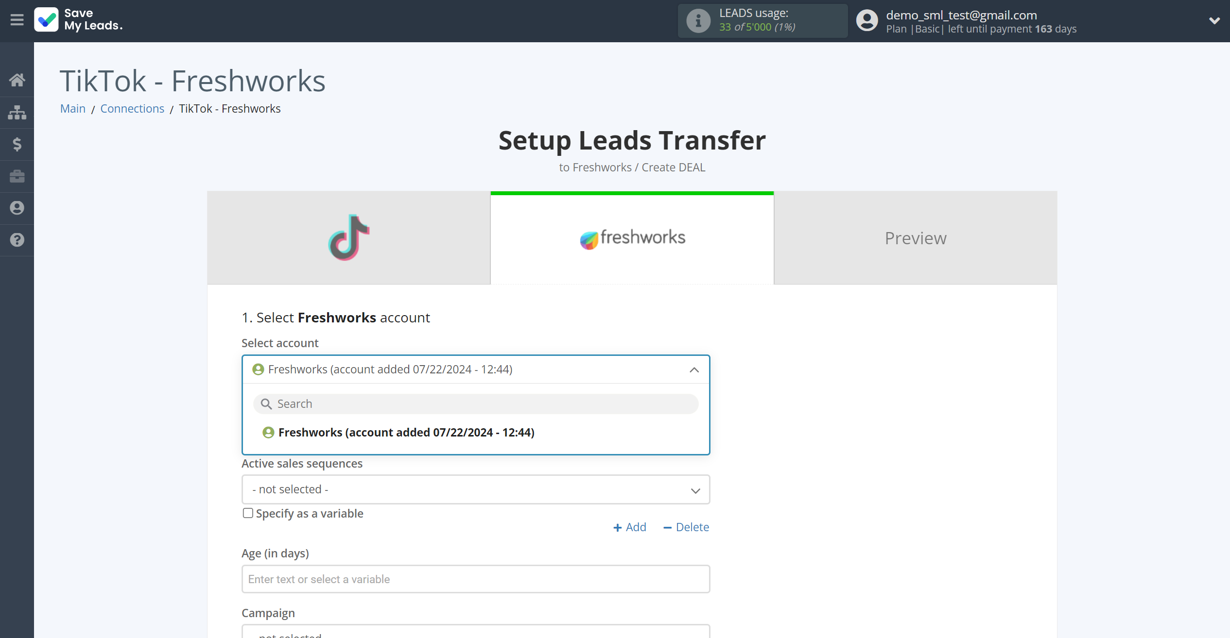 How to Connect TikTok with Freshworks Create Deal | Data Destination account selection How to Connect TikTok with Freshworks Create Deal | Data Destination account selection
