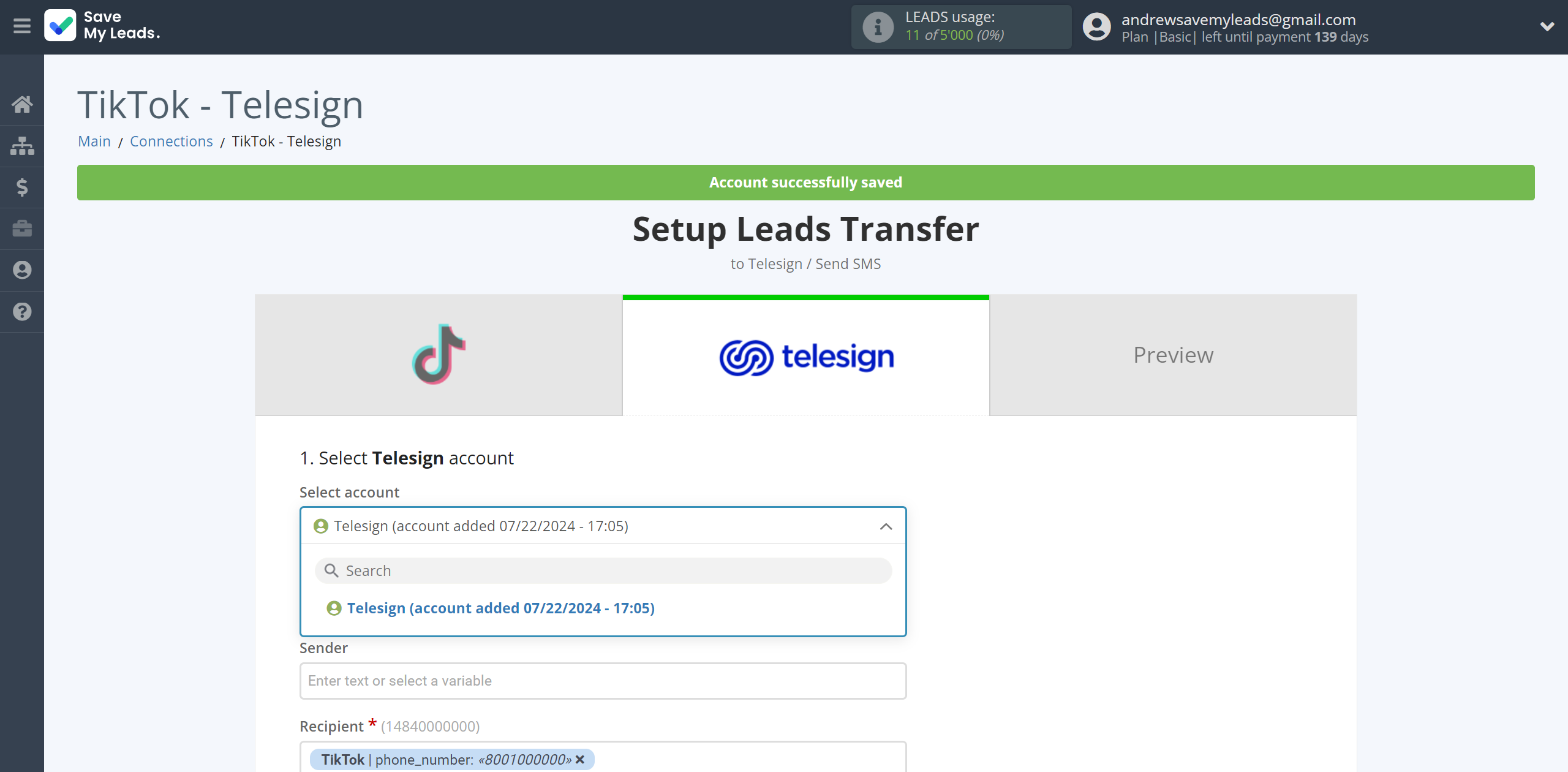 How to Connect TikTok with Telesign | Data Destination account selection How to Connect TikTok with Telesign | Data Destination account selection