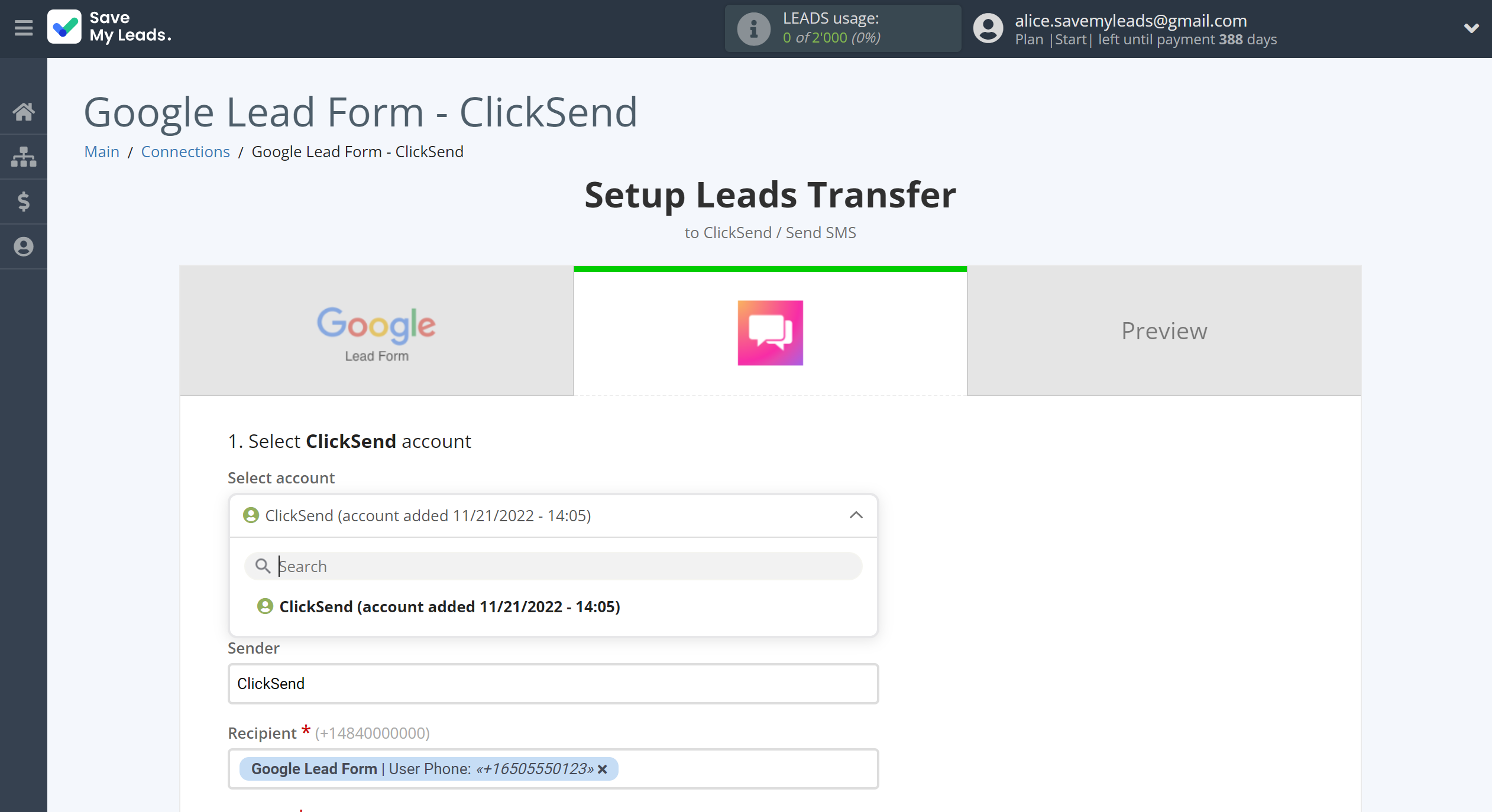 How to Connect Google Lead Form with ClickSend Send SMS | Data Destination account selection How to Connect Google Lead Form with ClickSend Send SMS | Data Destination account selection