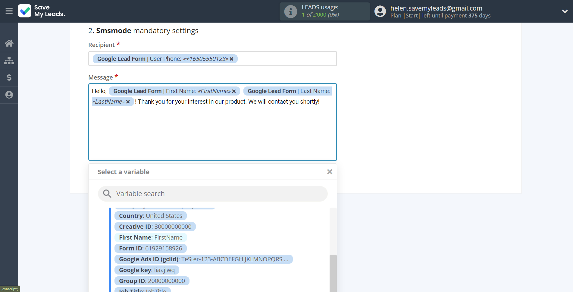 How to Connect Google Lead Form with Smsmode | Assigning fields How to Connect Google Lead Form with Smsmode | Assigning fields