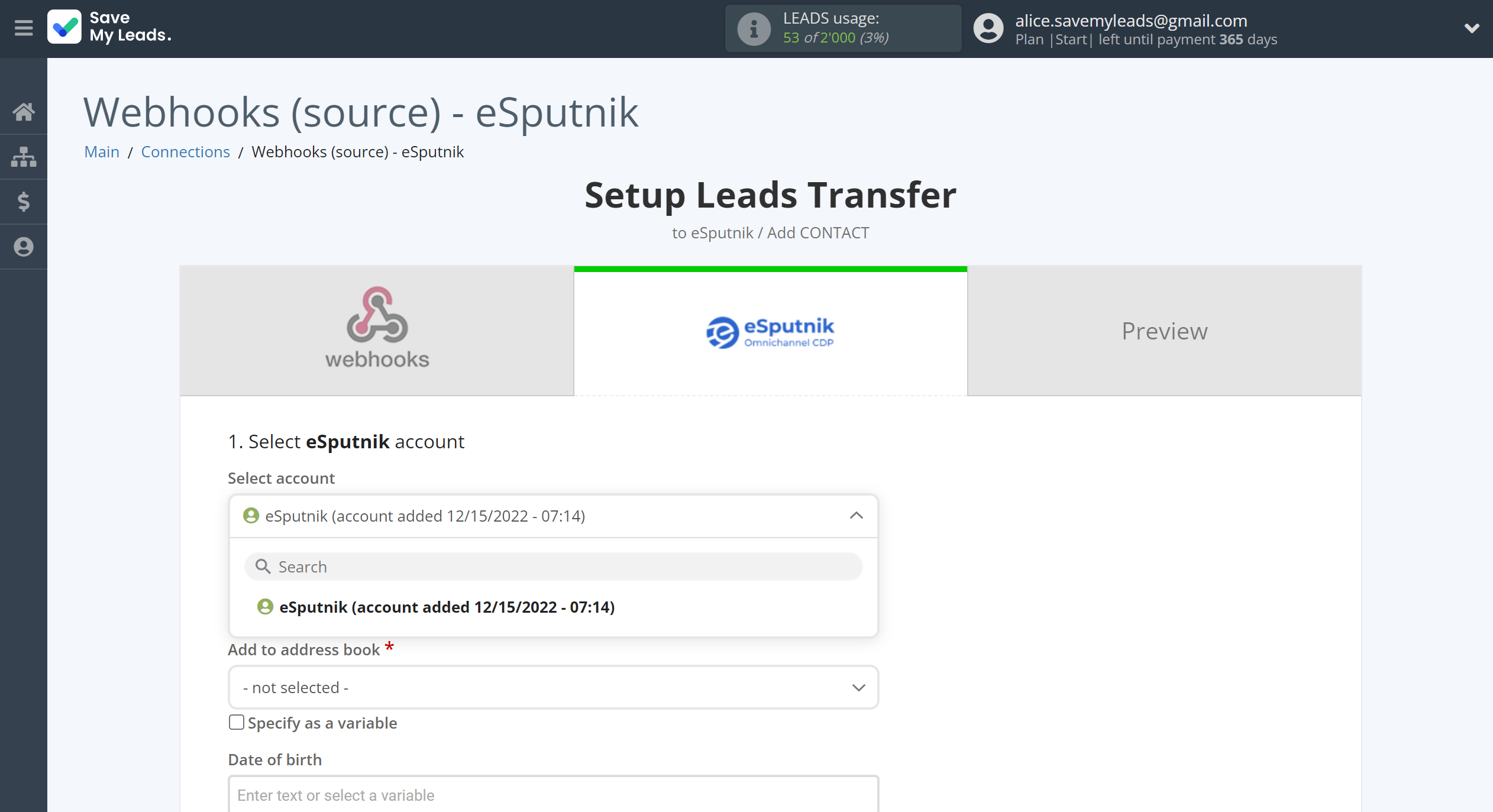 How to Connect Webhooks with eSputnik Add Contacts | Data Destination account selection How to Connect Webhooks with eSputnik Add Contacts | Data Destination account selection