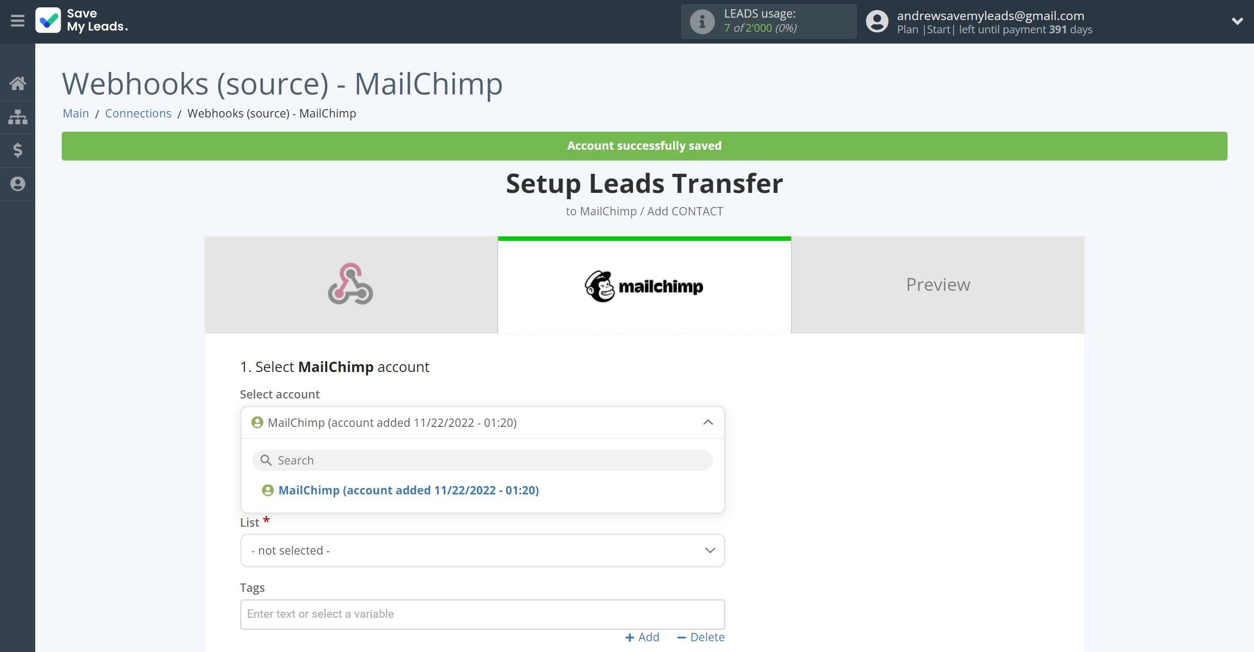 How to Connect Webhooks with MailChimp | Data Destination account selection How to Connect Webhooks with MailChimp | Data Destination account selection