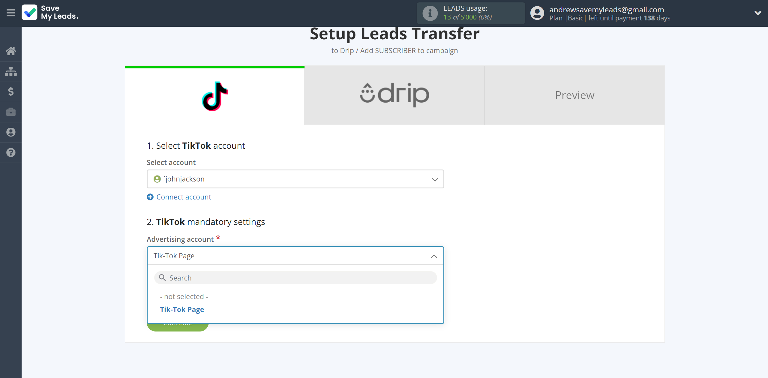 How to Connect TikTok with Drip Add Subscribers to campaign | Data Source account connection How to Connect TikTok with Drip Add Subscribers to campaign | Data Source account connection
