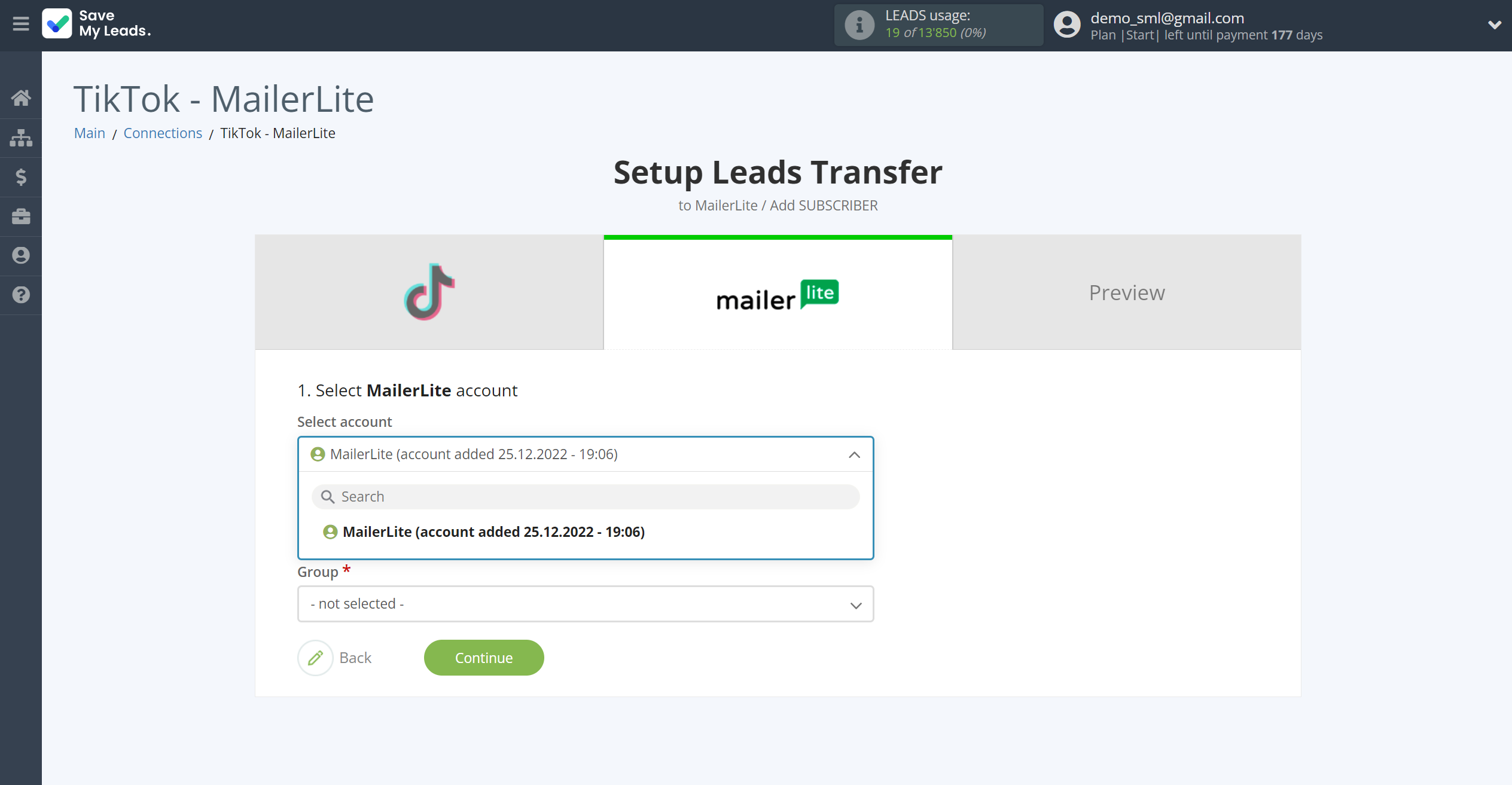 How to Connect TikTok with MailerLite | Data Destination account selection How to Connect TikTok with MailerLite | Data Destination account selection