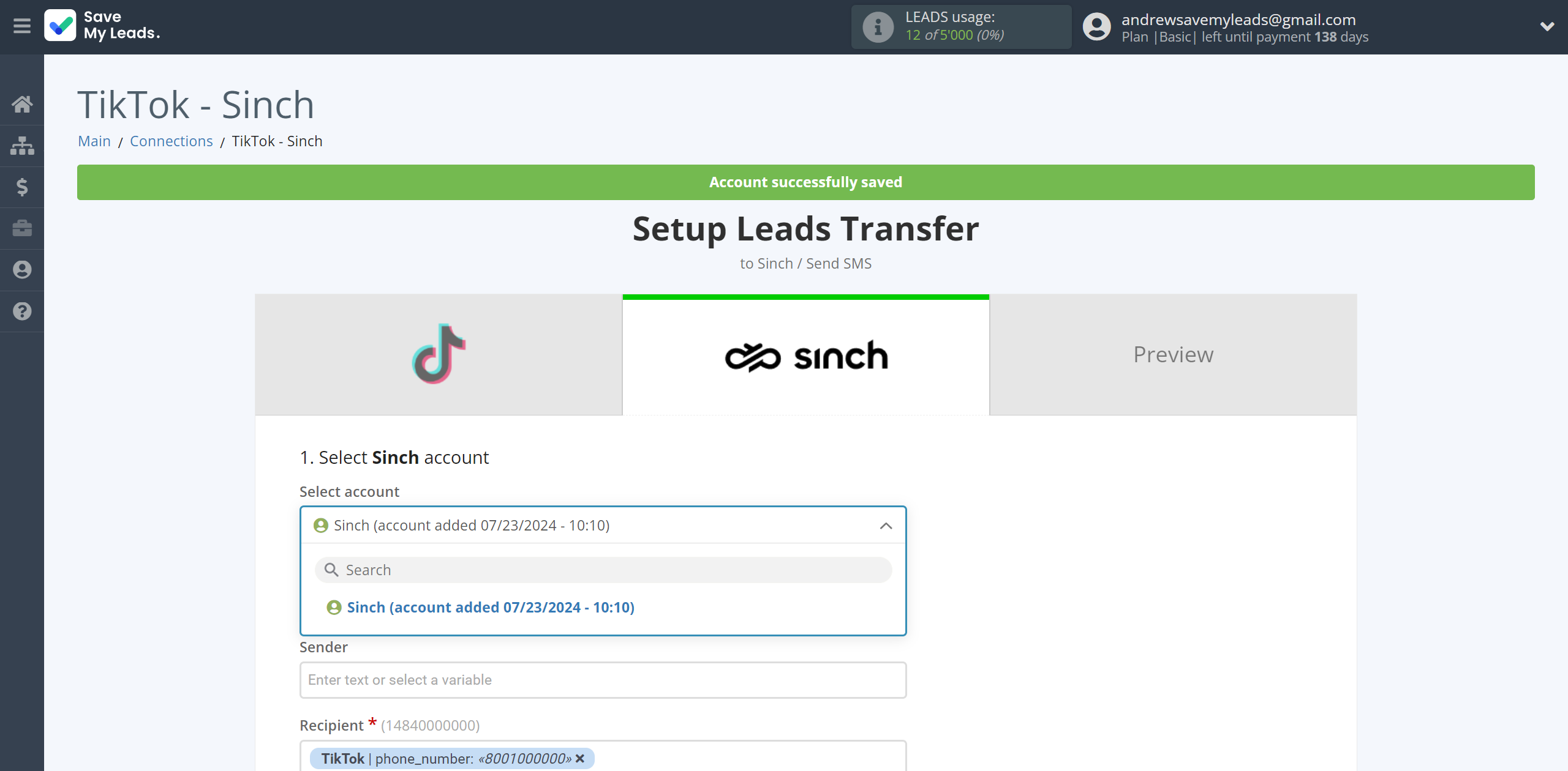 How to Connect TikTok with Sinch | Data Destination account selection How to Connect TikTok with Sinch | Data Destination account selection