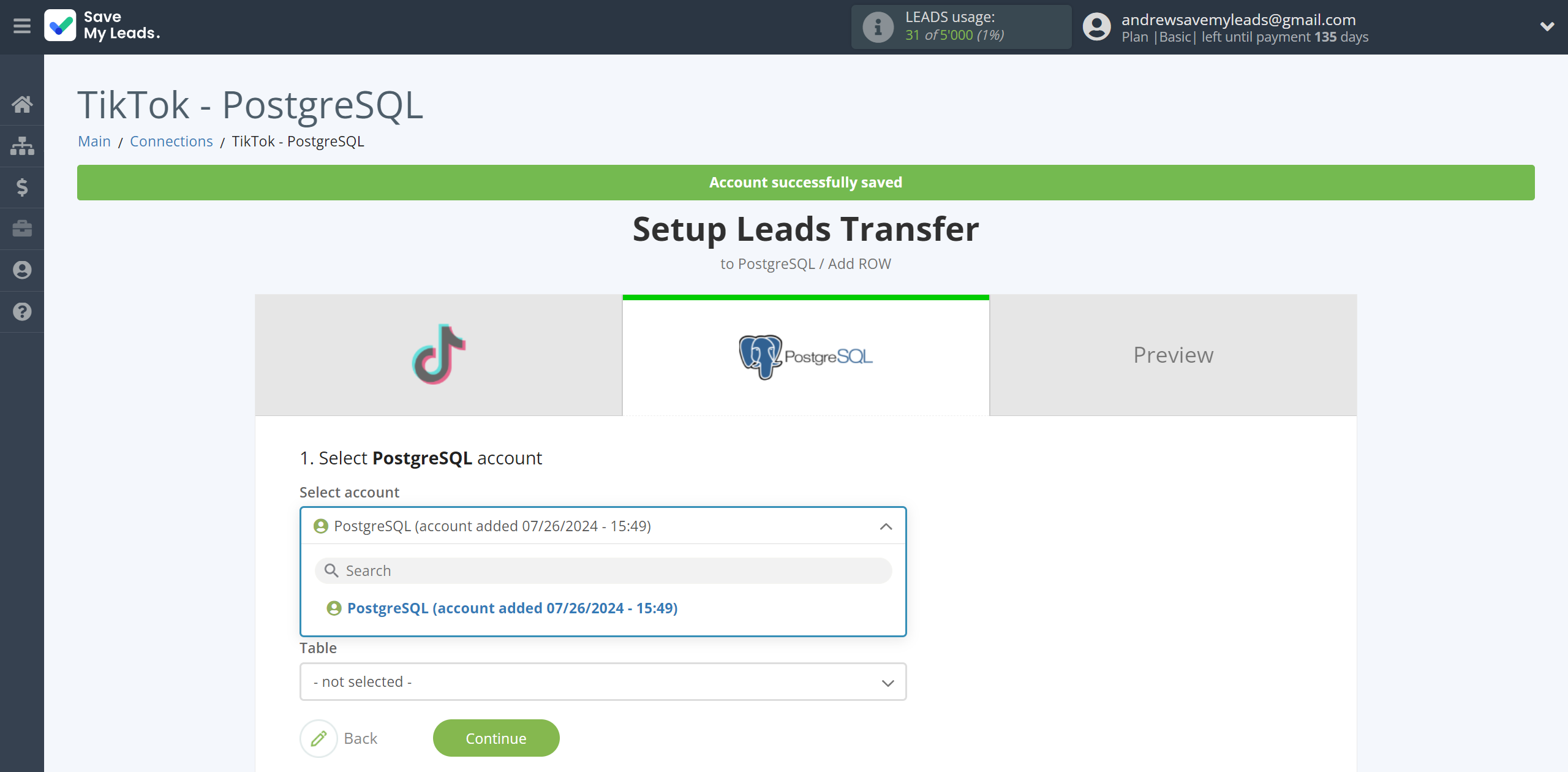 How to Connect TikTok with PostgreSQL | Data Destination account selection How to Connect TikTok with PostgreSQL | Data Destination account selection