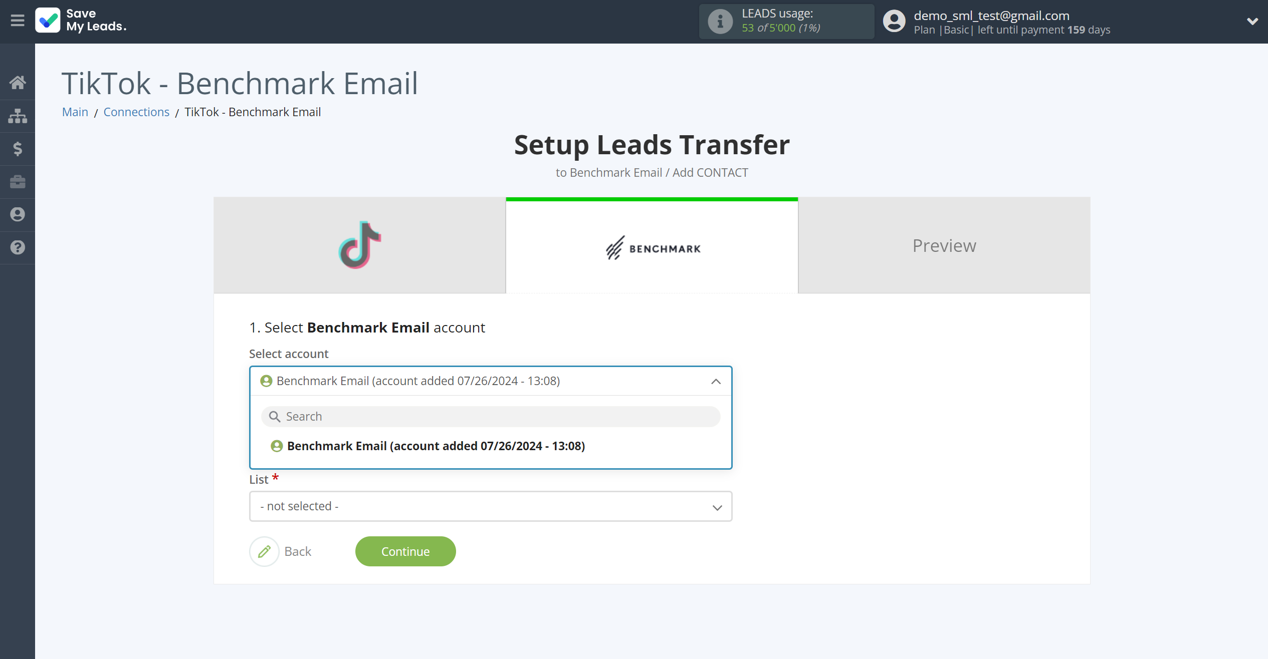 How to Connect TikTok with Benchmark Email | Data Destination account selection How to Connect TikTok with Benchmark Email | Data Destination account selection