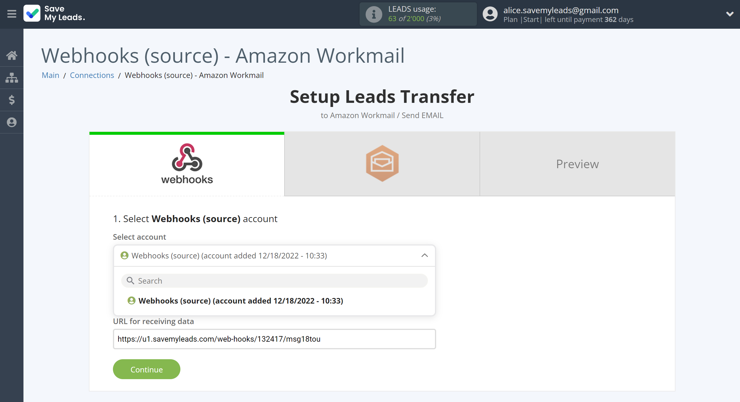 How to Connect Webhooks with Amazon Workmail | Data Source account selection How to Connect Webhooks with Amazon Workmail | Data Source account selection