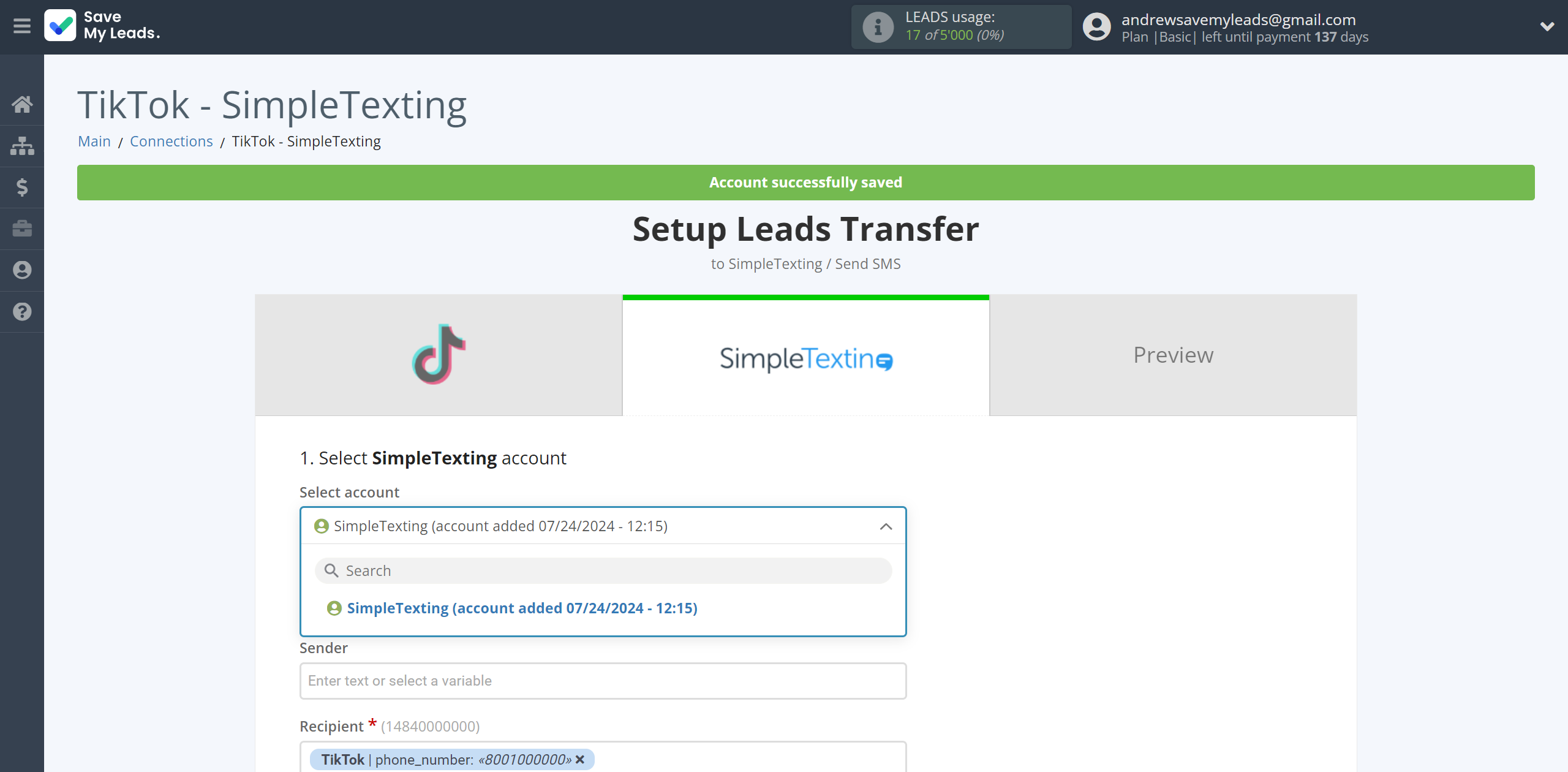 How to Connect TikTok with SimpleTexting | Data Destination account selection How to Connect TikTok with SimpleTexting | Data Destination account selection