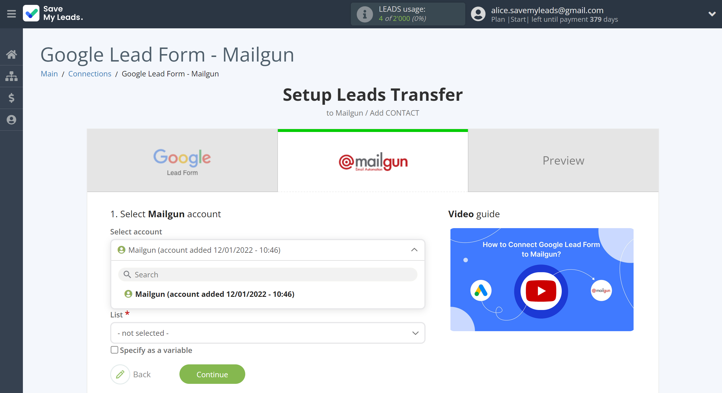 How to Connect Google Lead Form with Mailgun | Data Destination account selection How to Connect Google Lead Form with Mailgun | Data Destination account selection