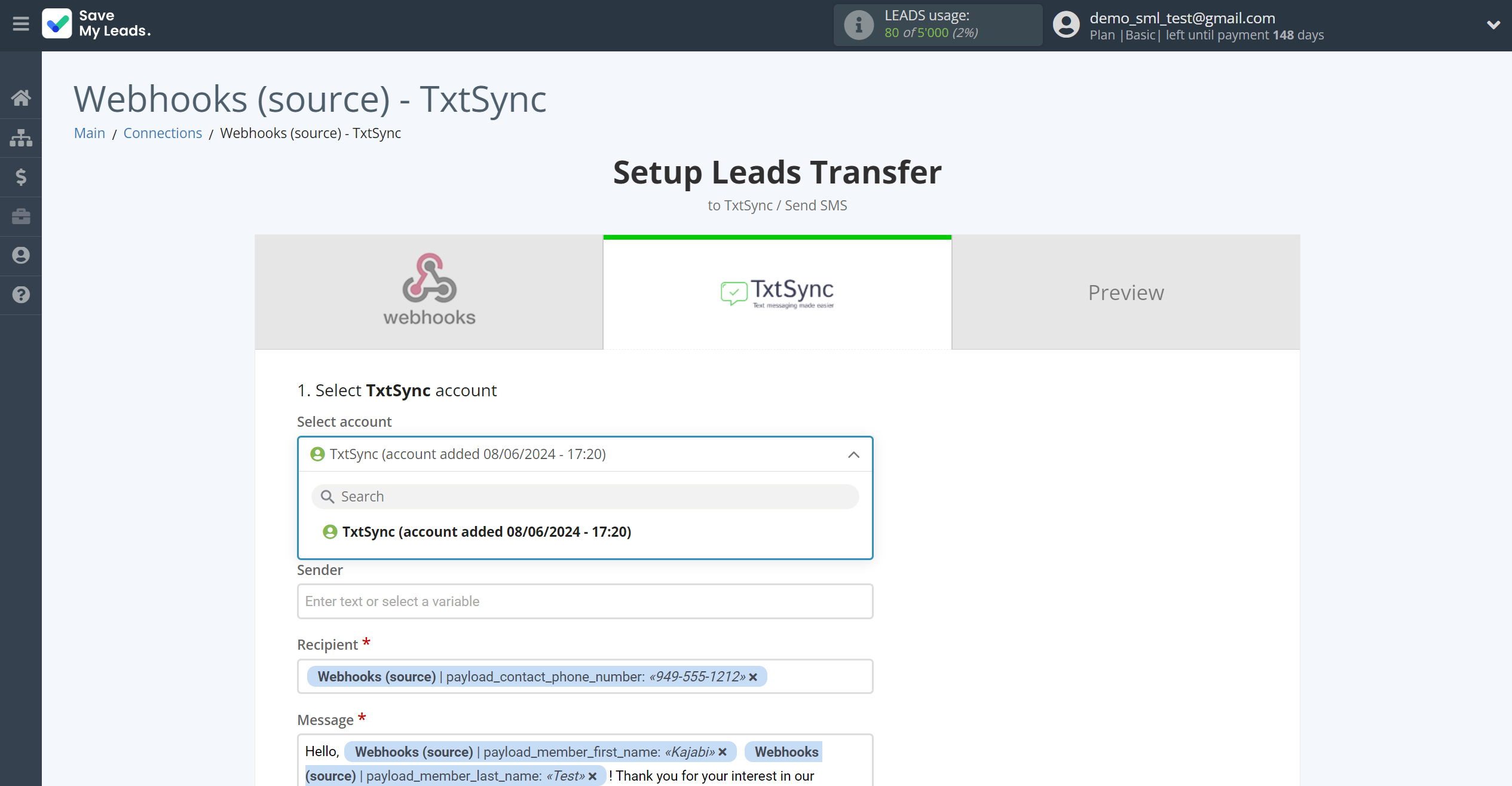 How to Connect Webhooks with TxtSync | Data Destination account selection How to Connect Webhooks with TxtSync | Data Destination account selection
