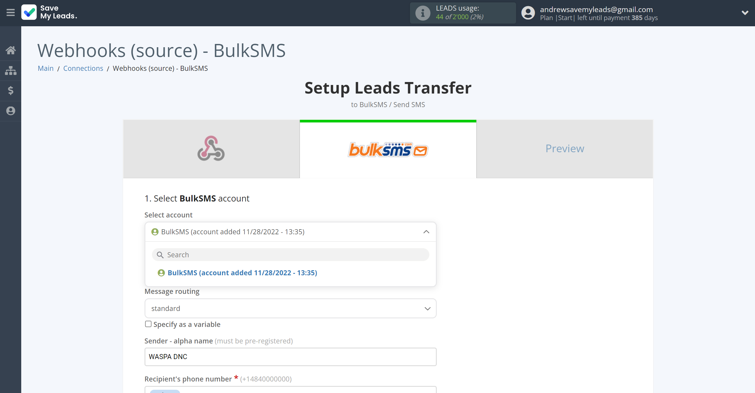 How to Connect Webhooks with BulkSMS | Data Destination account selection How to Connect Webhooks with BulkSMS | Data Destination account selection