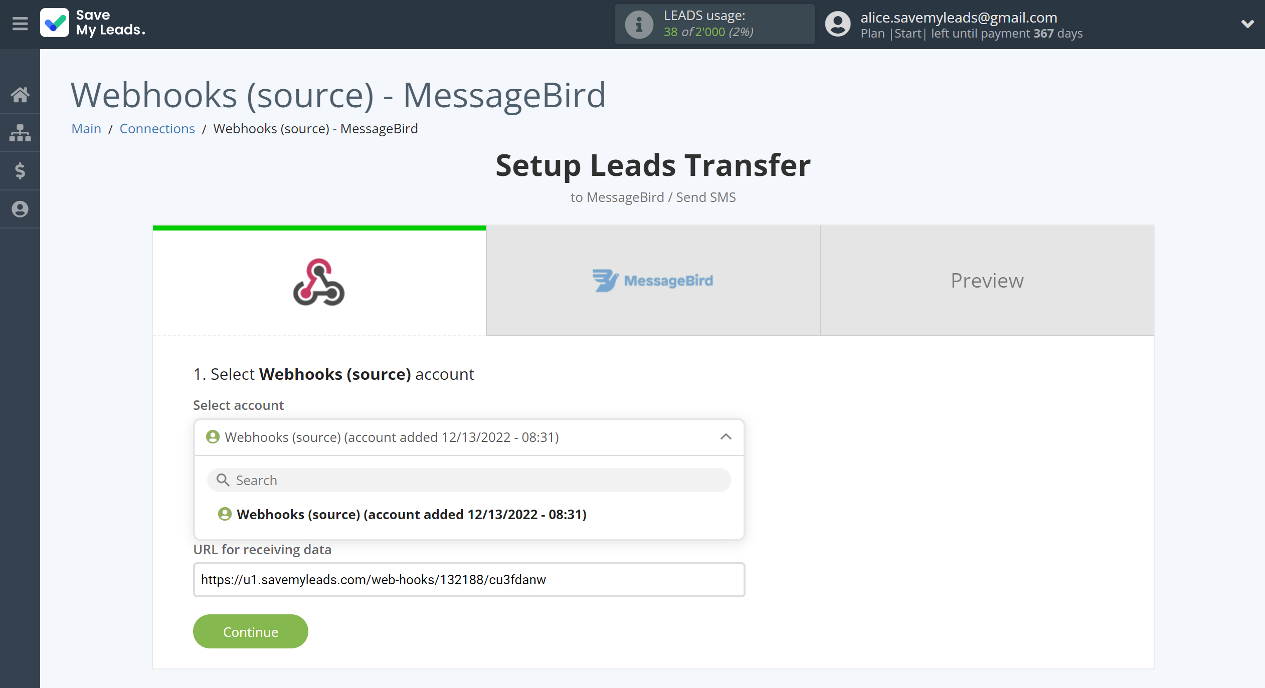 How to Connect Webhooks with MessageBird | Data Source account selection How to Connect Webhooks with MessageBird | Data Source account selection