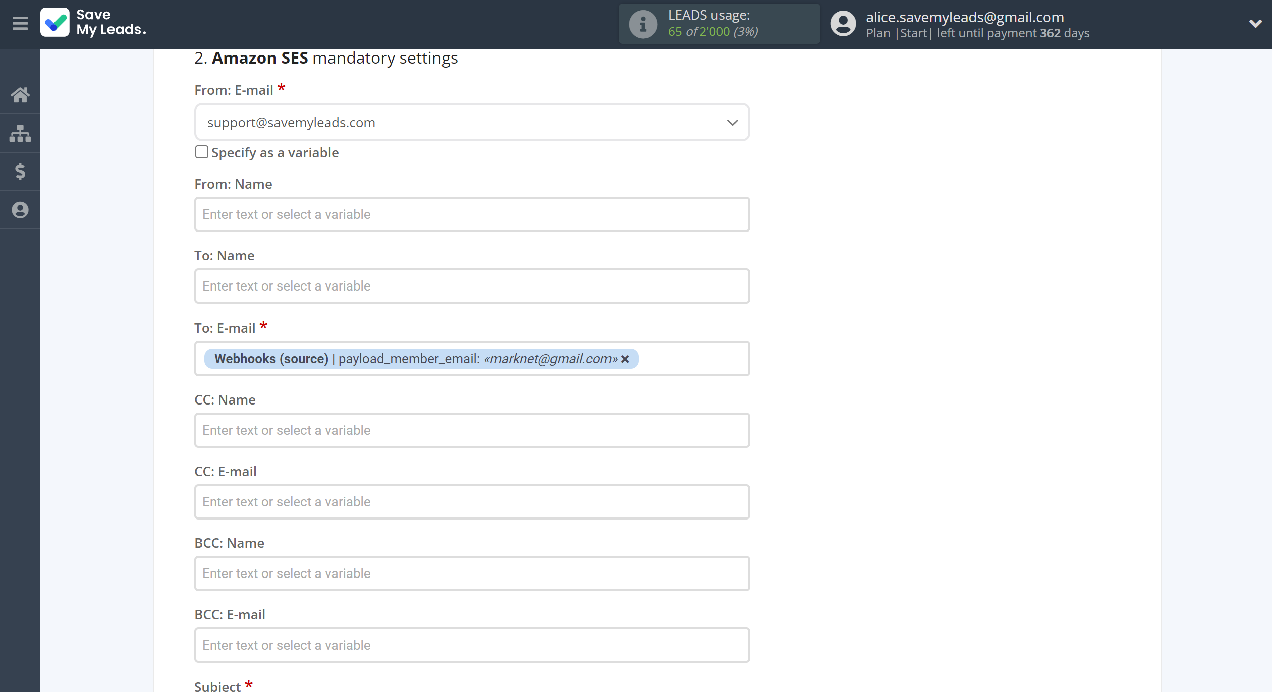 How to Connect Webhooks with Amazon SES | Assigning fields How to Connect Webhooks with Amazon SES | Assigning fields