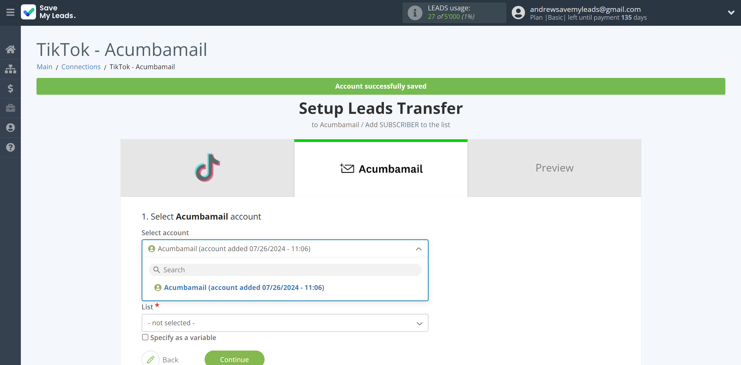 How to Connect TikTok with Acumbamail Add Subscribers | Data Destination account selection How to Connect TikTok with Acumbamail Add Subscribers | Data Destination account selection