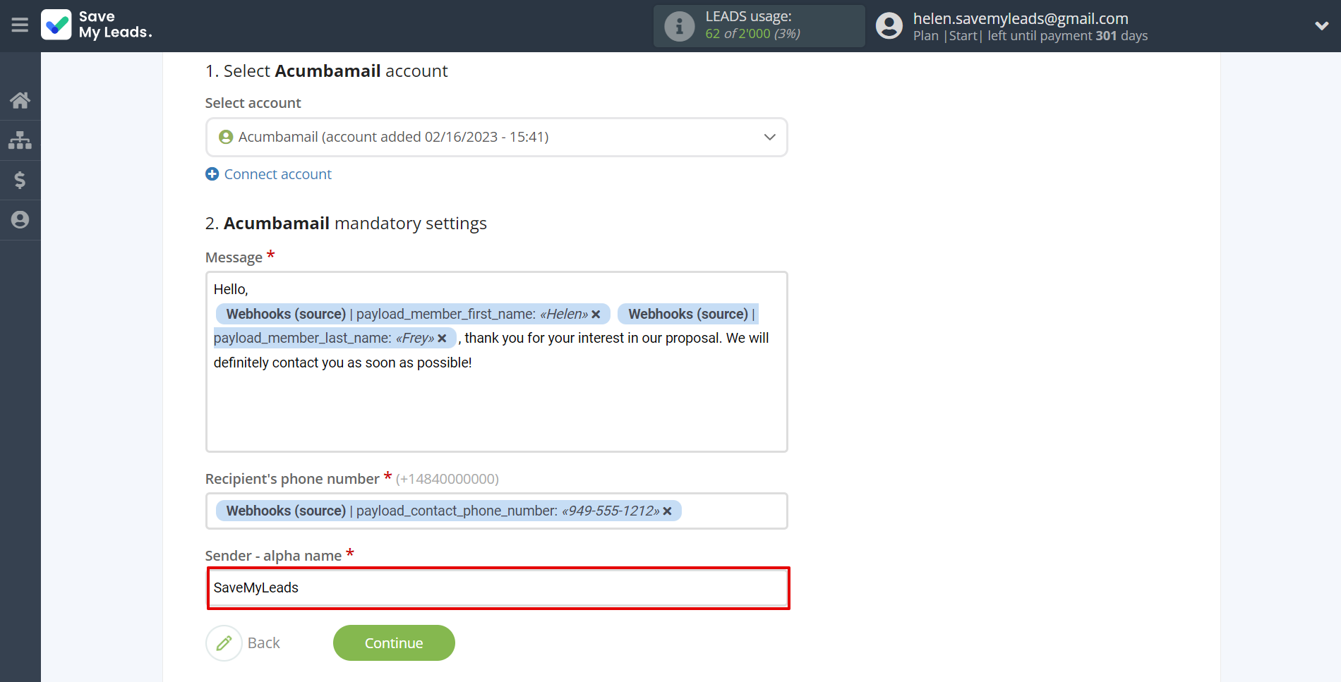 How to Connect Webhooks with Acumbamail Send SMS | Assigning fields How to Connect Webhooks with Acumbamail Send SMS | Assigning fields