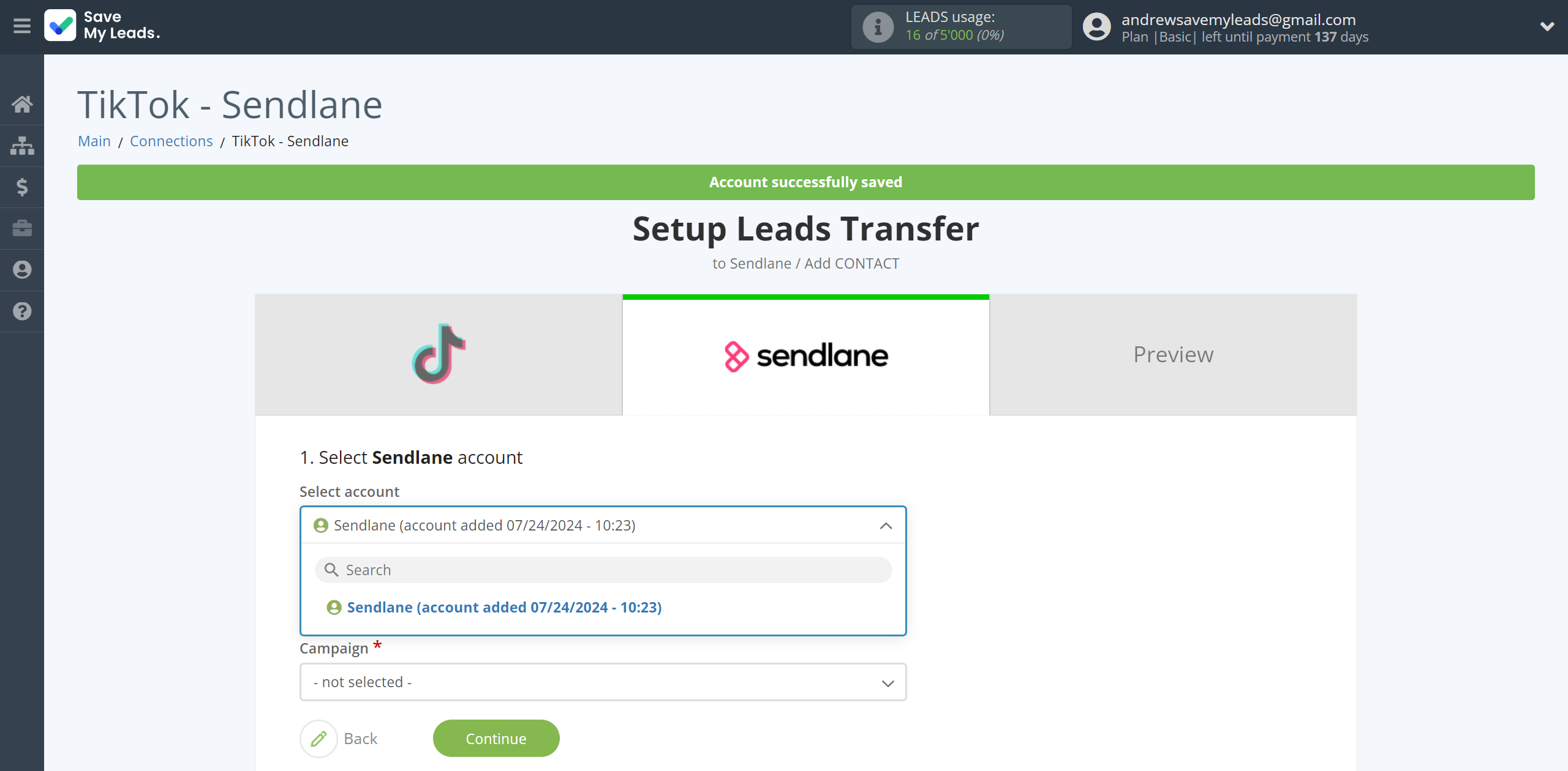 How to Connect TikTok with Sendlane Add Contacts | Data Destination account selection How to Connect TikTok with Sendlane Add Contacts | Data Destination account selection