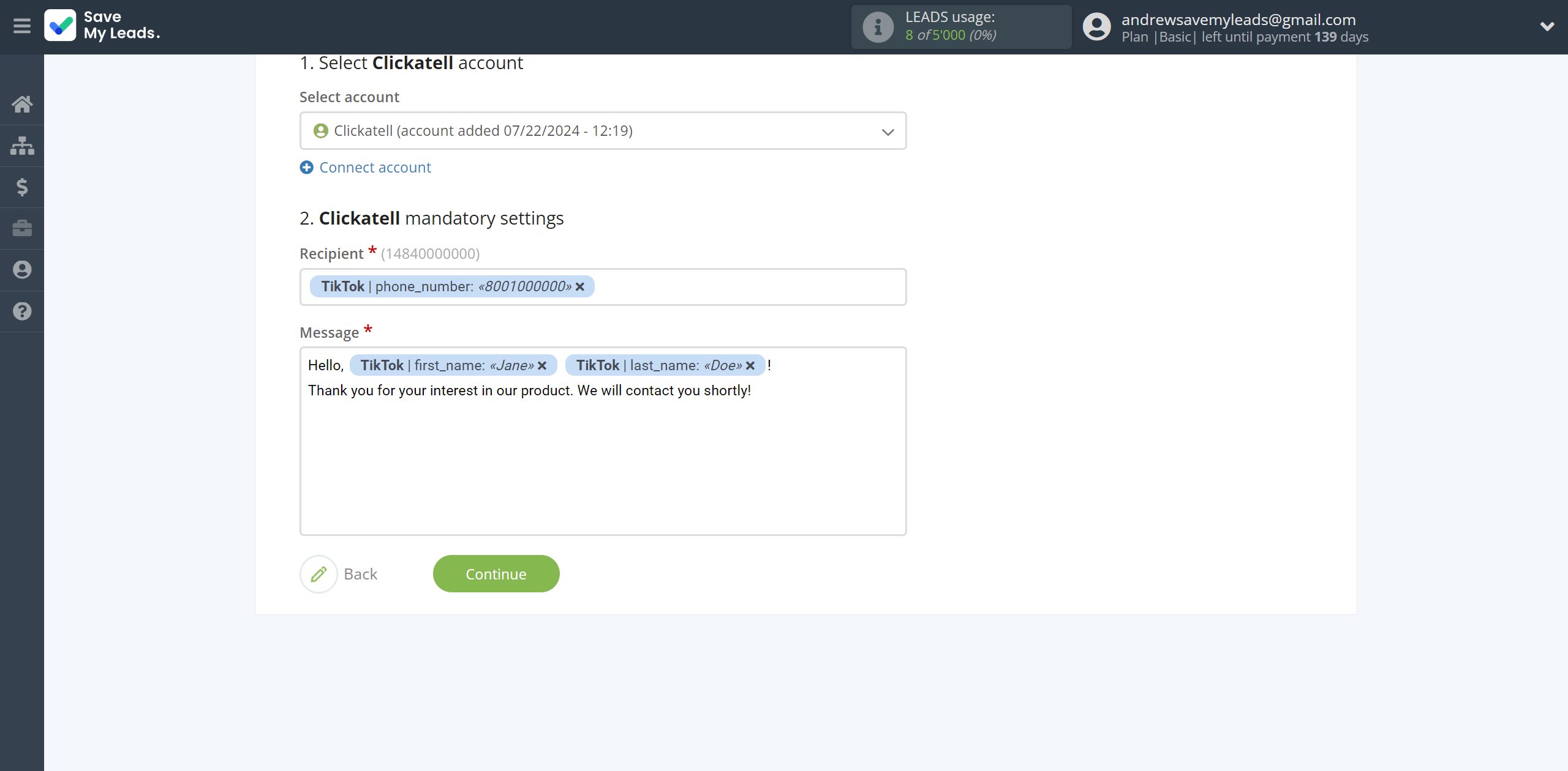 How to Connect TikTok with Clickatell | Assigning fields How to Connect TikTok with Clickatell | Assigning fields