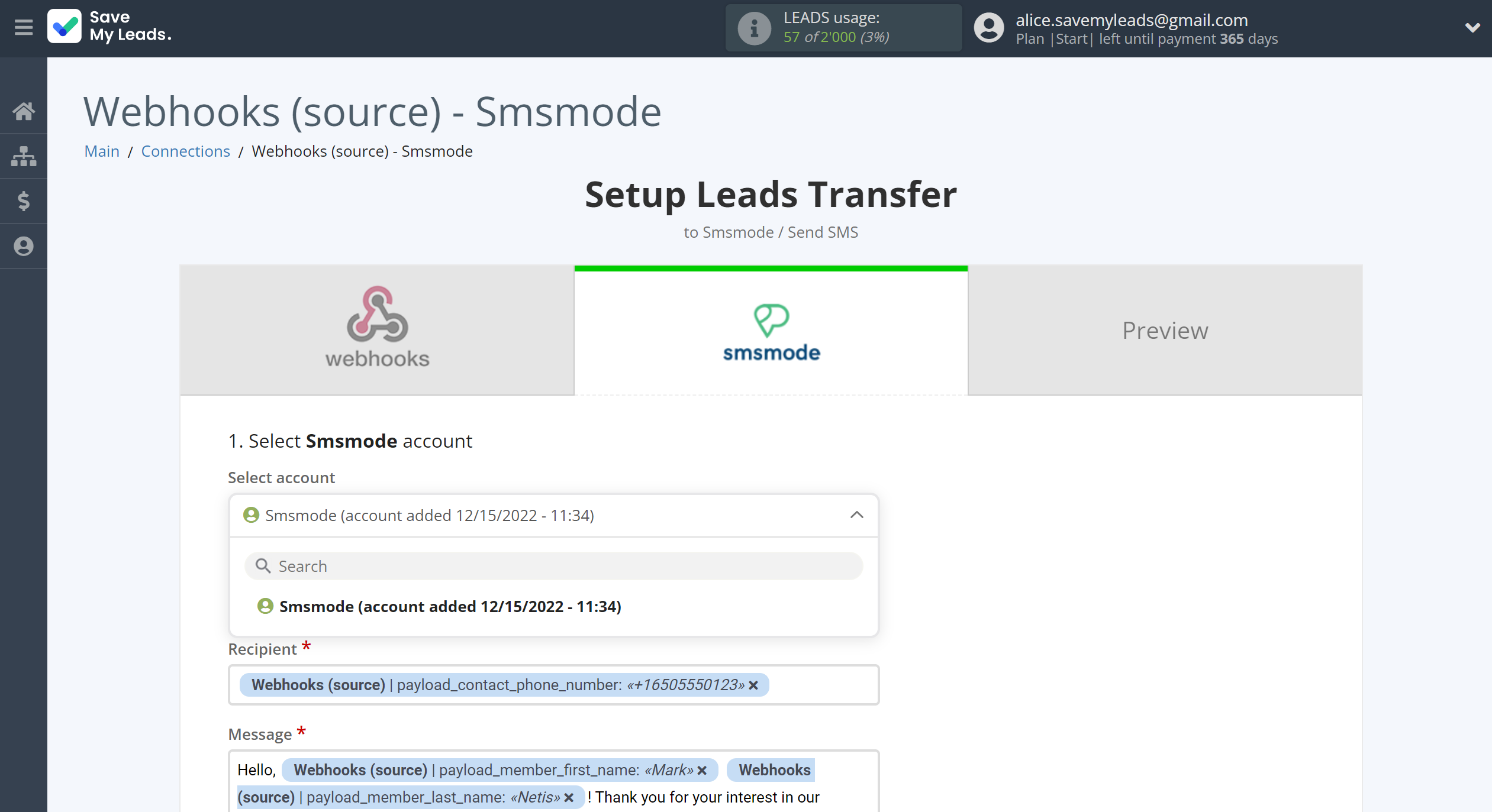 How to Connect Webhooks with Smsmode | Data Destination account selection How to Connect Webhooks with Smsmode | Data Destination account selection