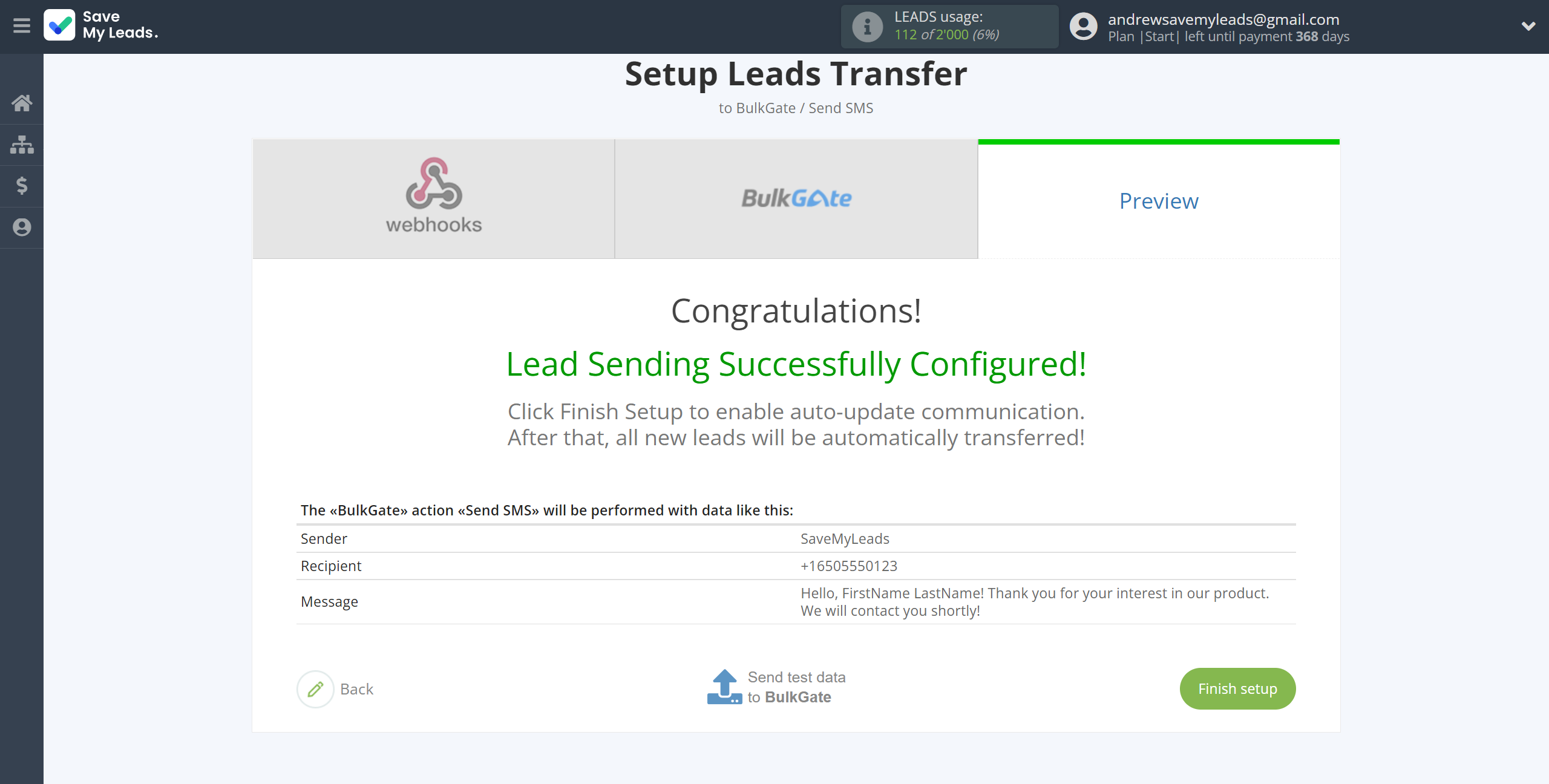 How to Connect Webhooks with BulkGate | Test data How to Connect Webhooks with BulkGate | Test data